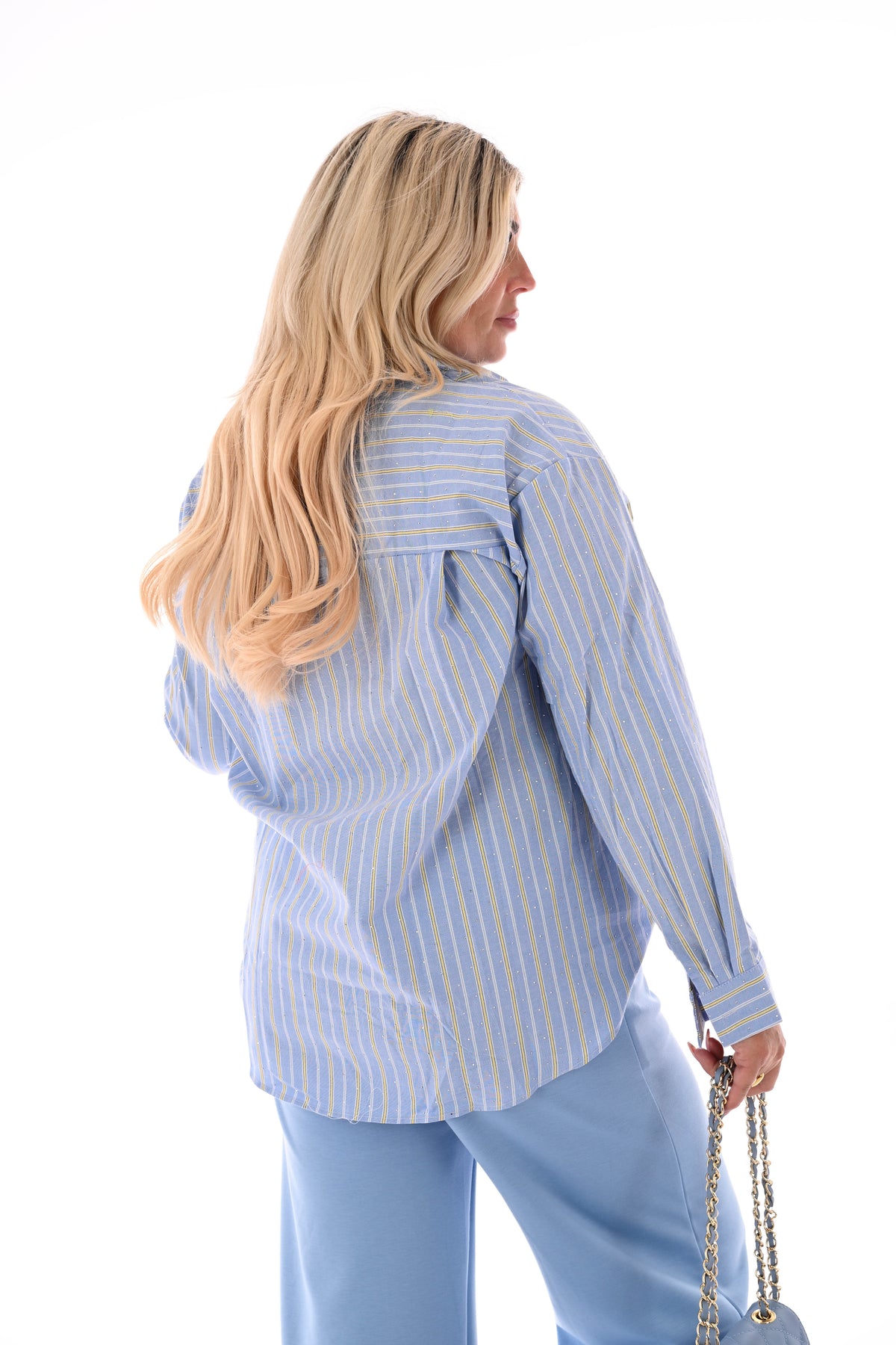 Blouse mix strepen strass lichtblauw