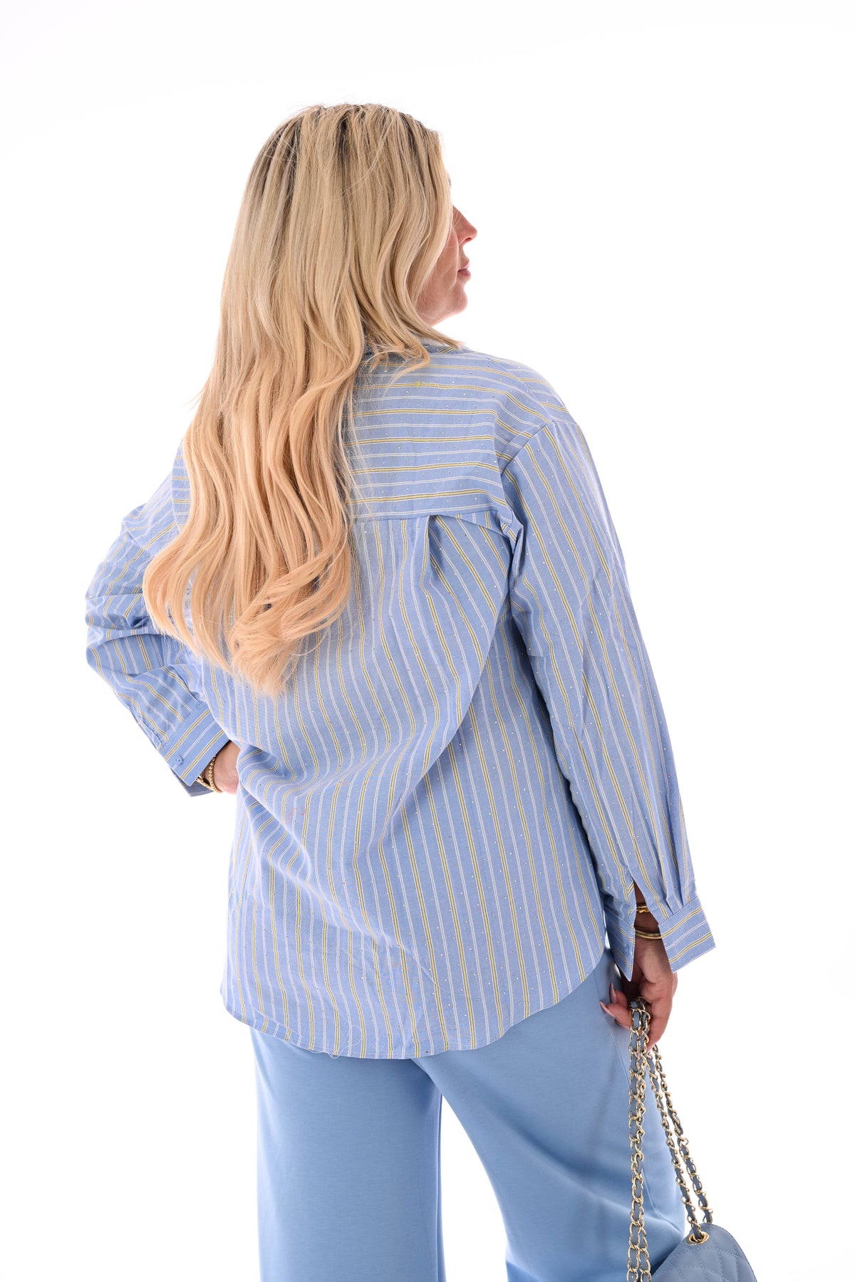 Blouse mix strepen strass lichtblauw