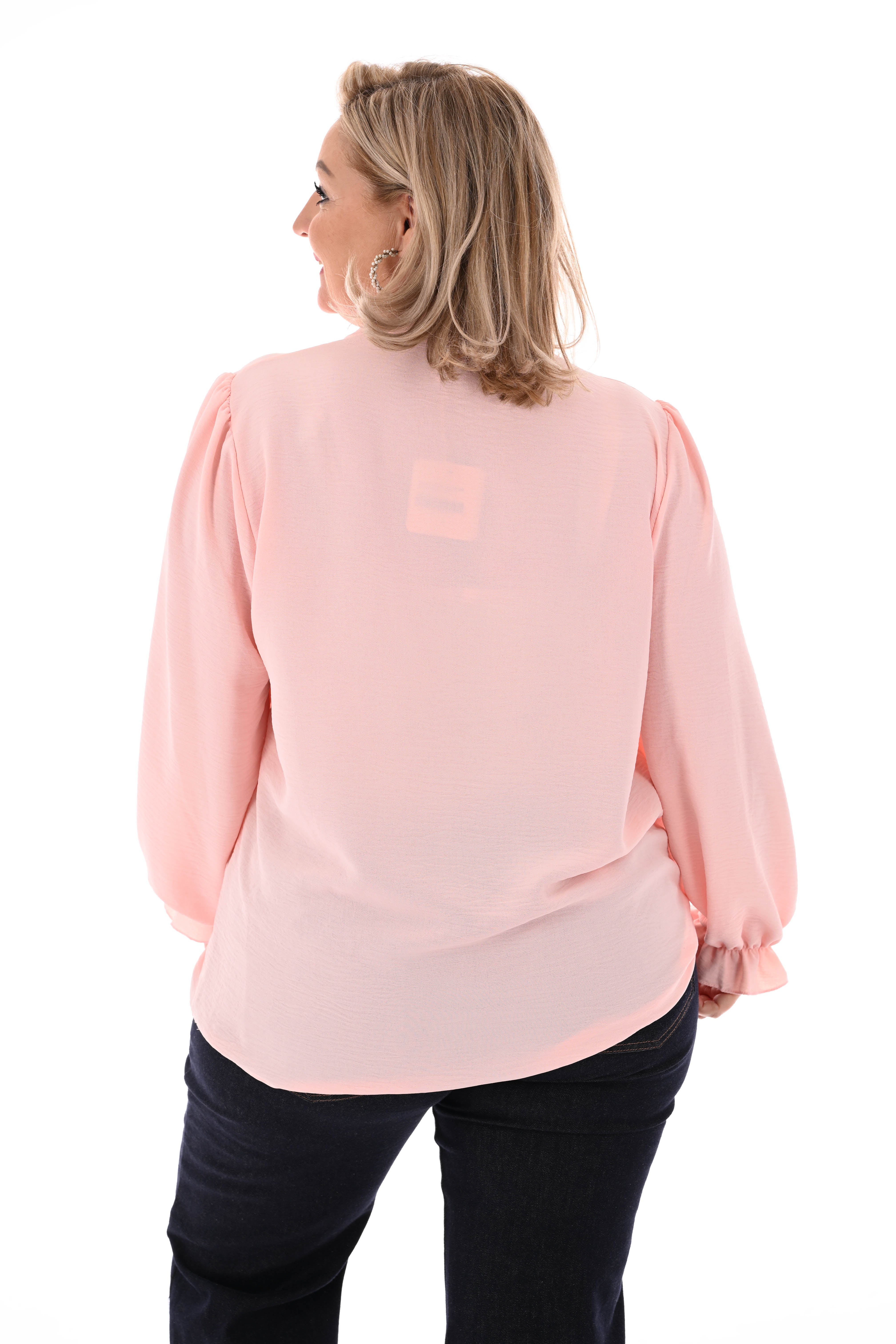 Top roezelmouwen met hals detail uni lichtroze