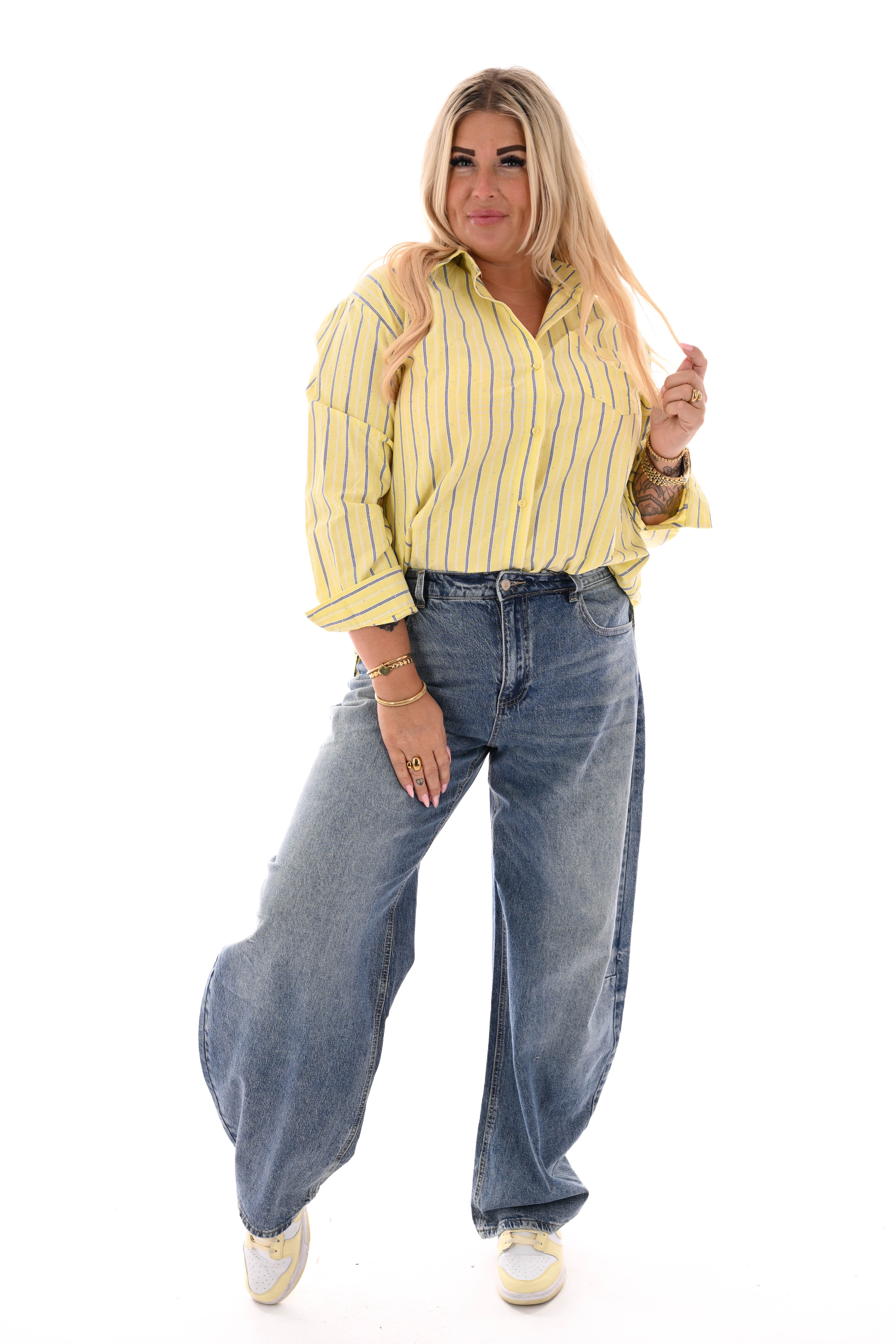 Blouse mix strepen strass geel