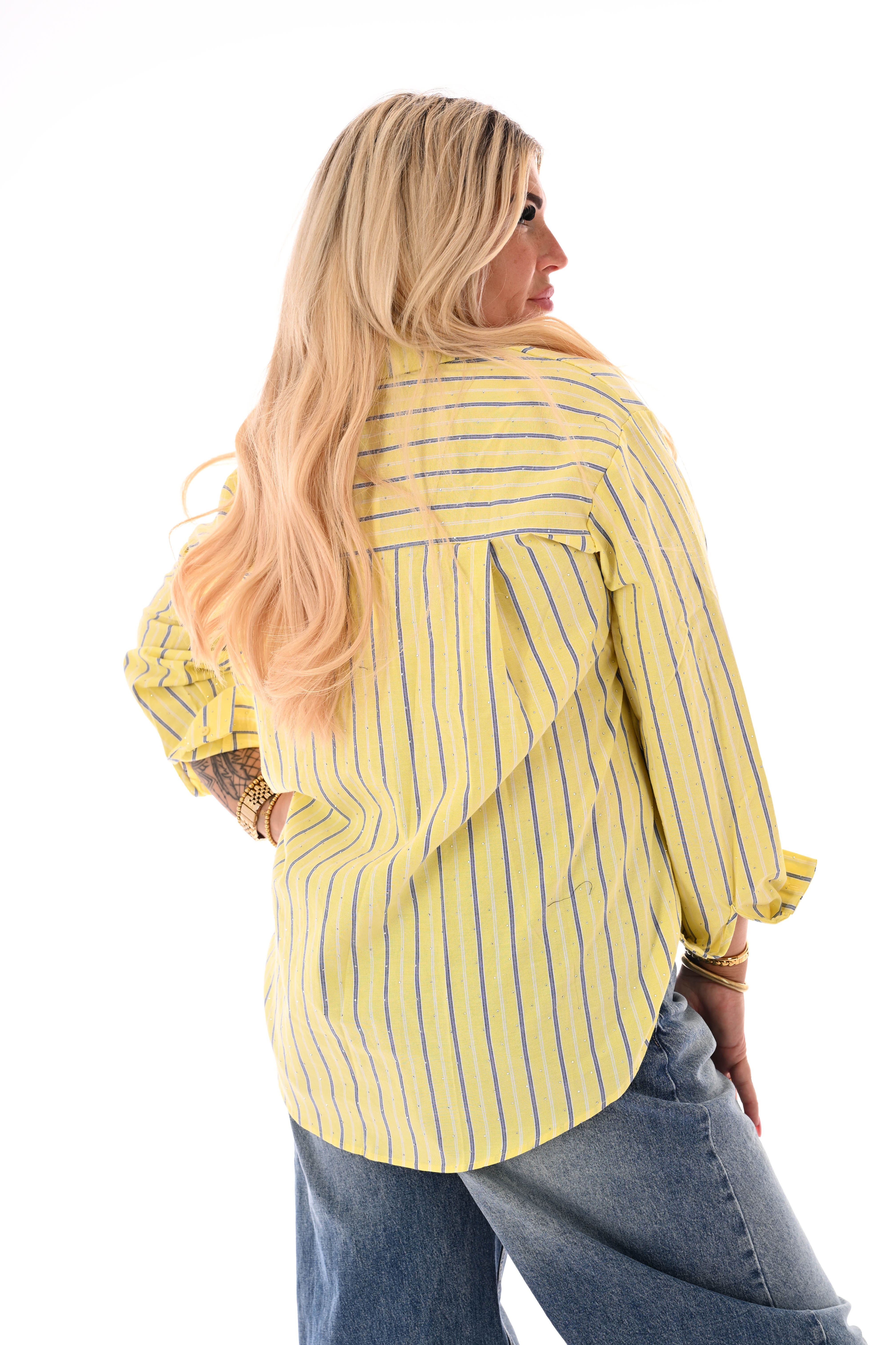 Blouse mix strepen strass geel