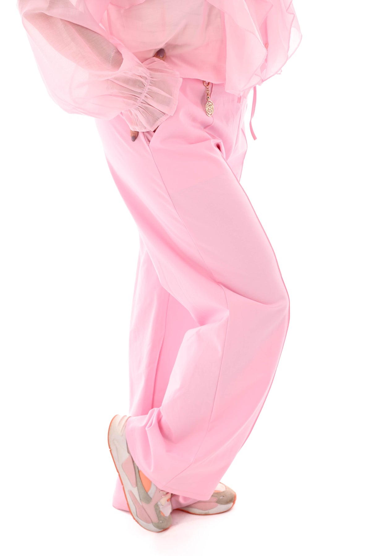 Wijde broek met brede elastieken band lichtroze