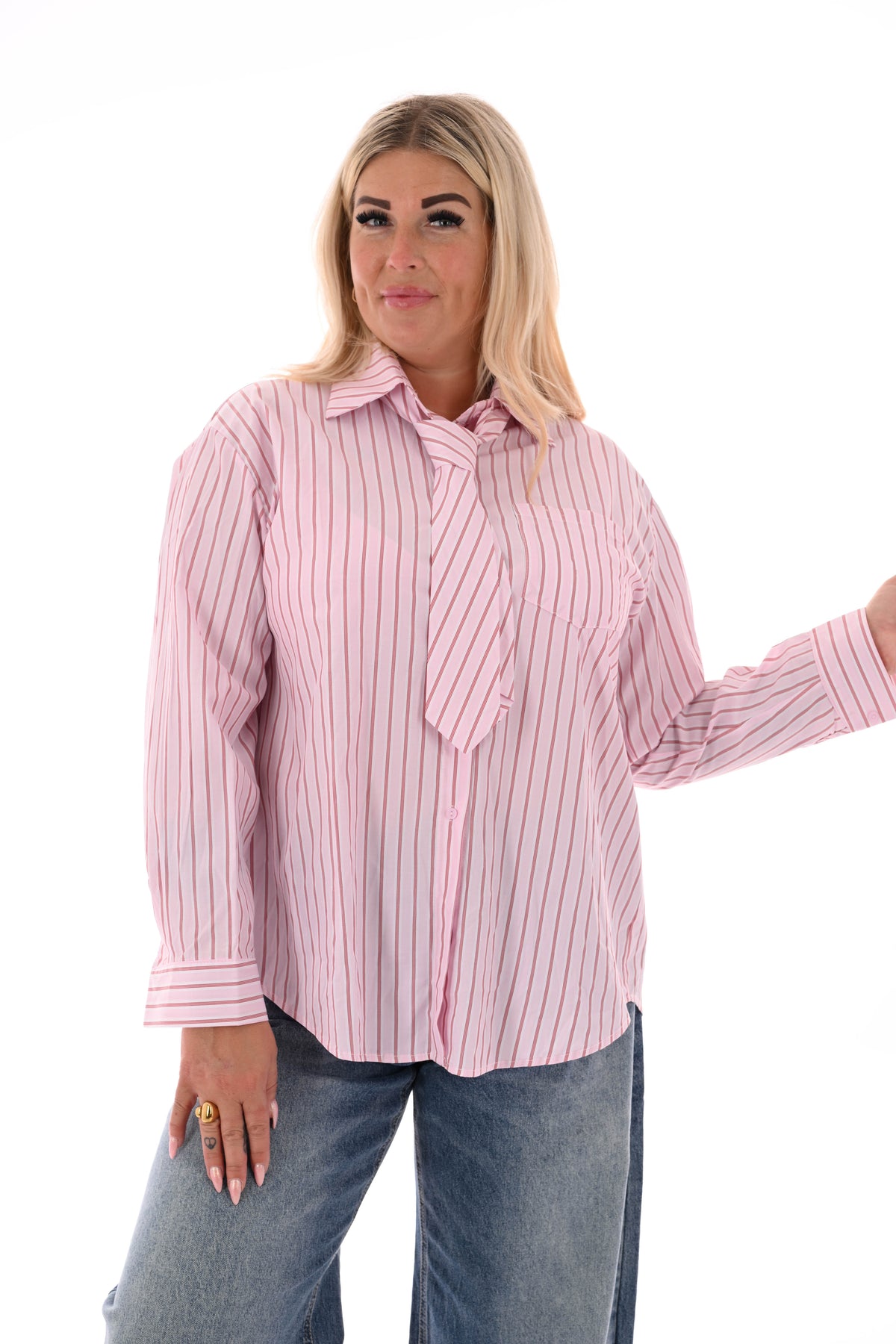 Blouse strepen stropdas lichtroze