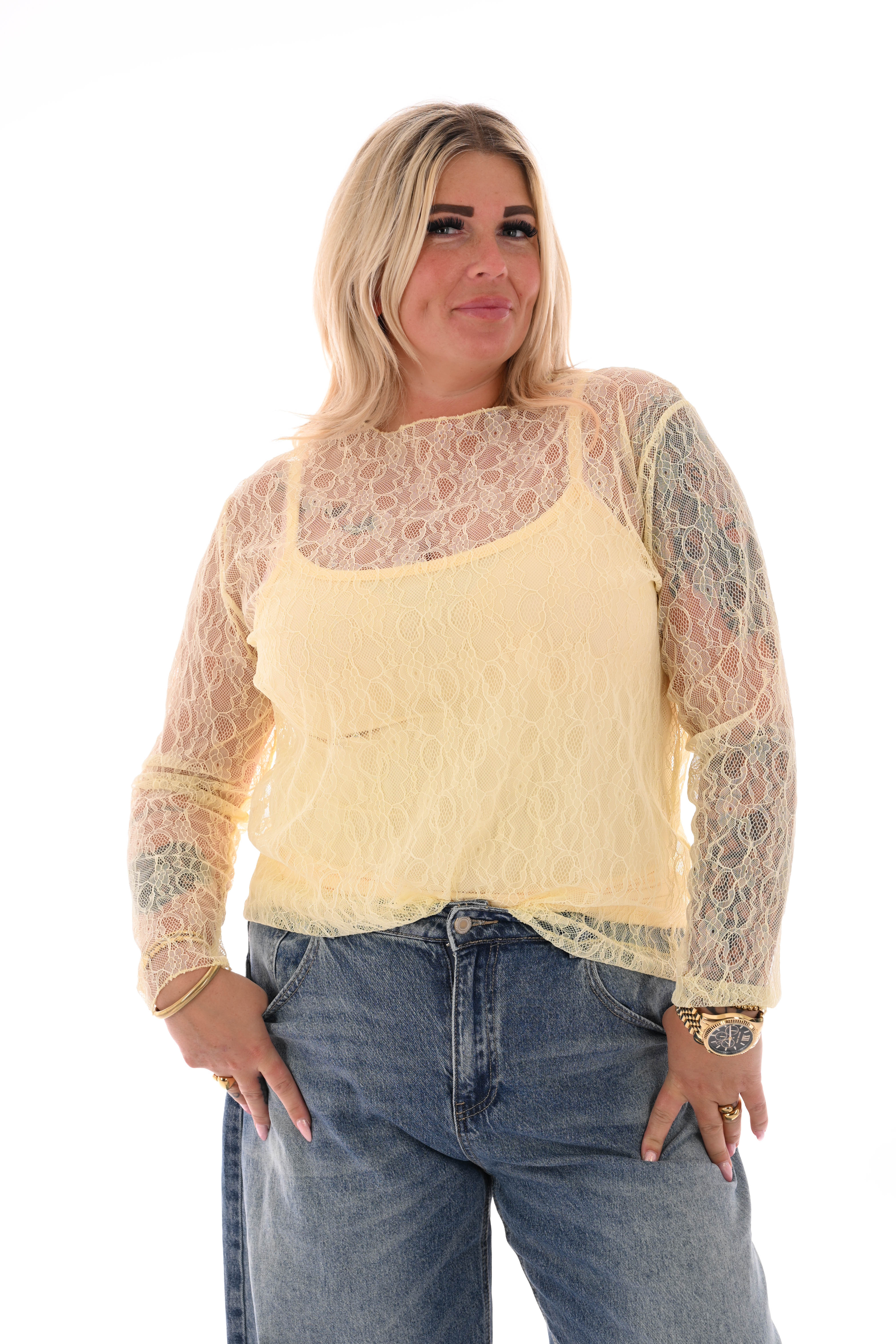 Kanten top ronde hals botergeel