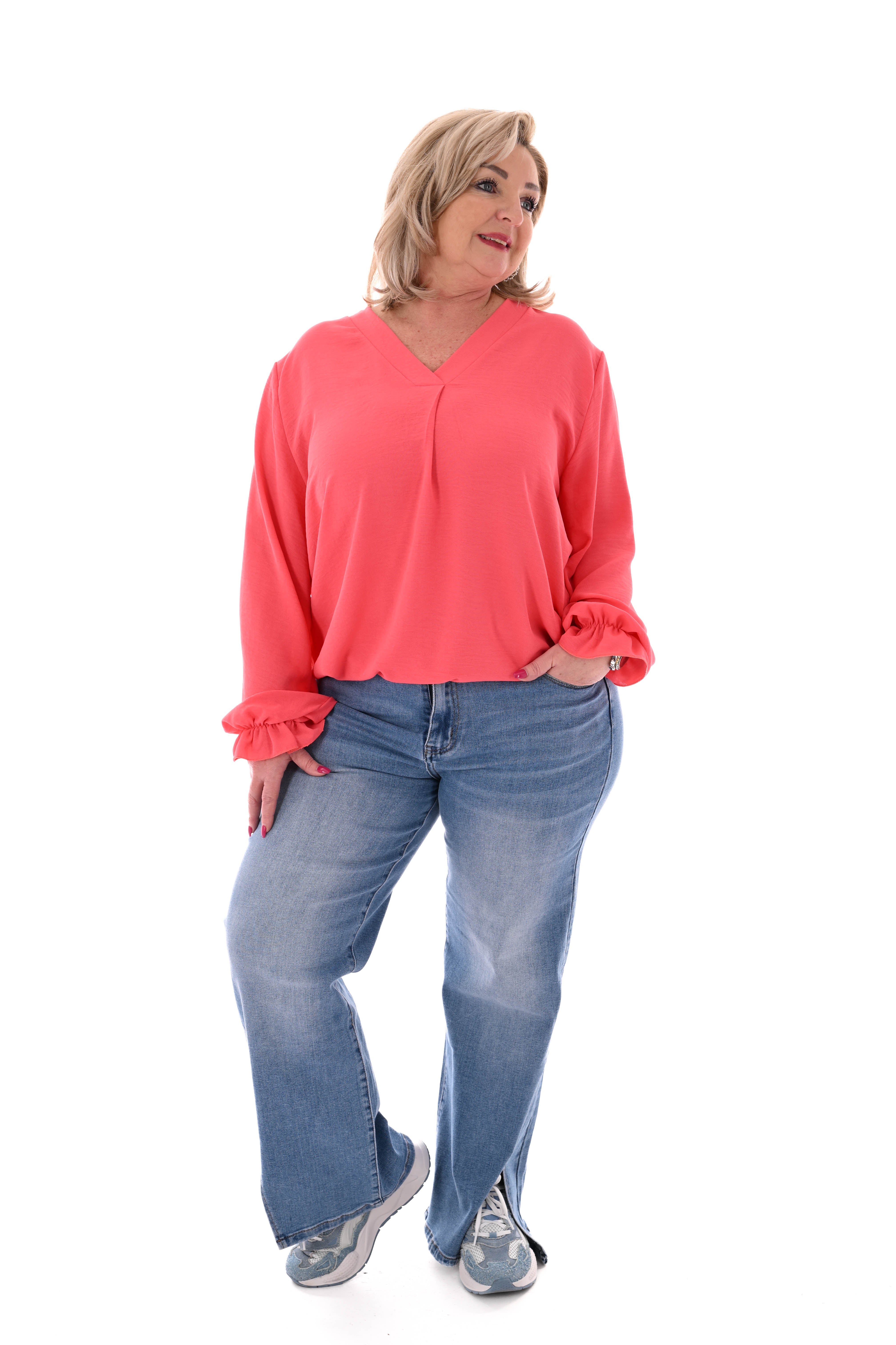 Top trompetmouwen v-hals uni koraal