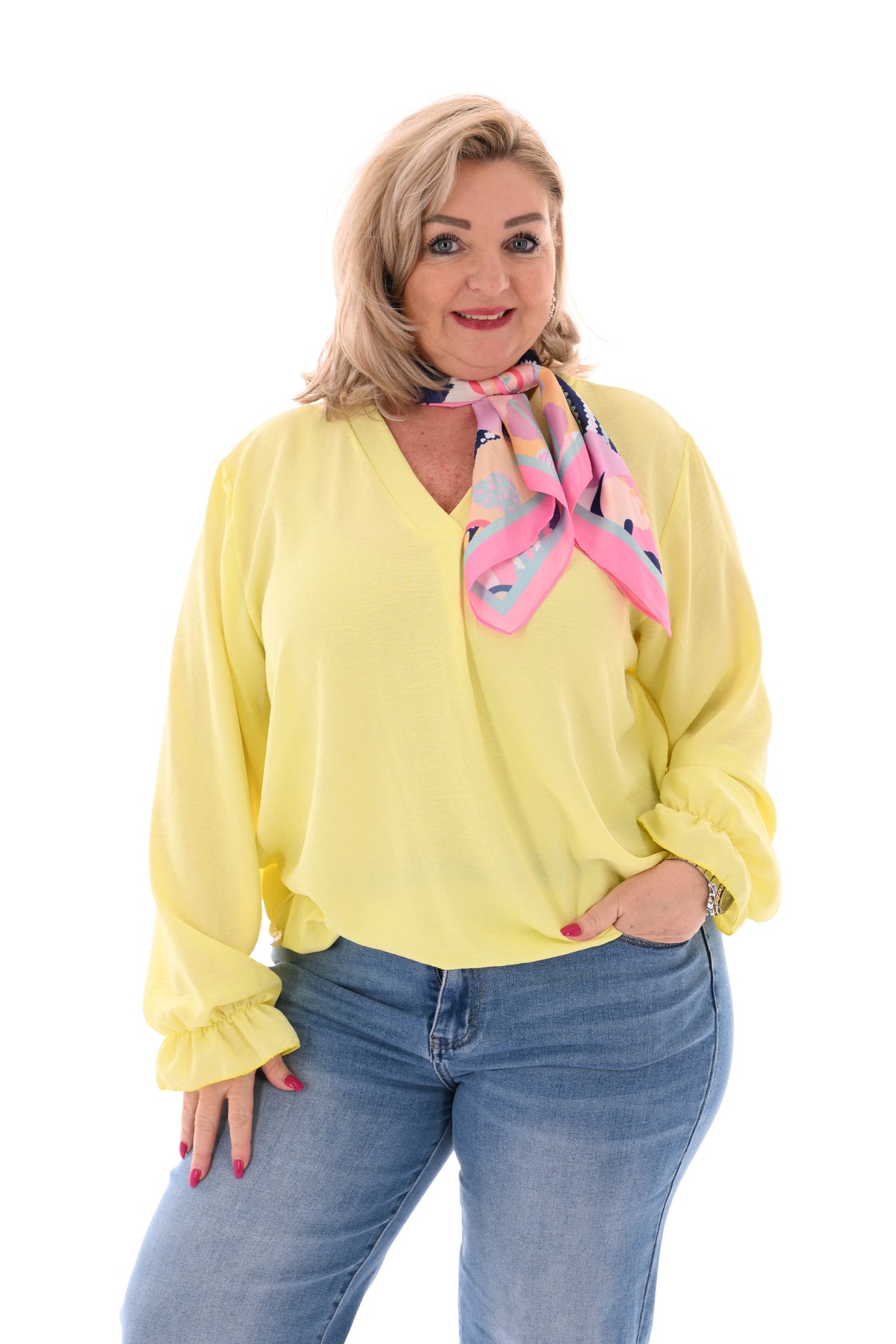 Top trompetmouwen v-hals uni geel