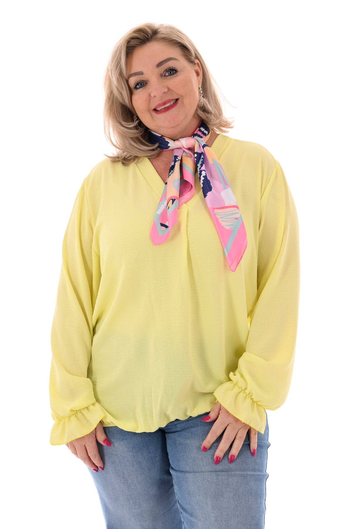 Top trompetmouwen v-hals uni geel