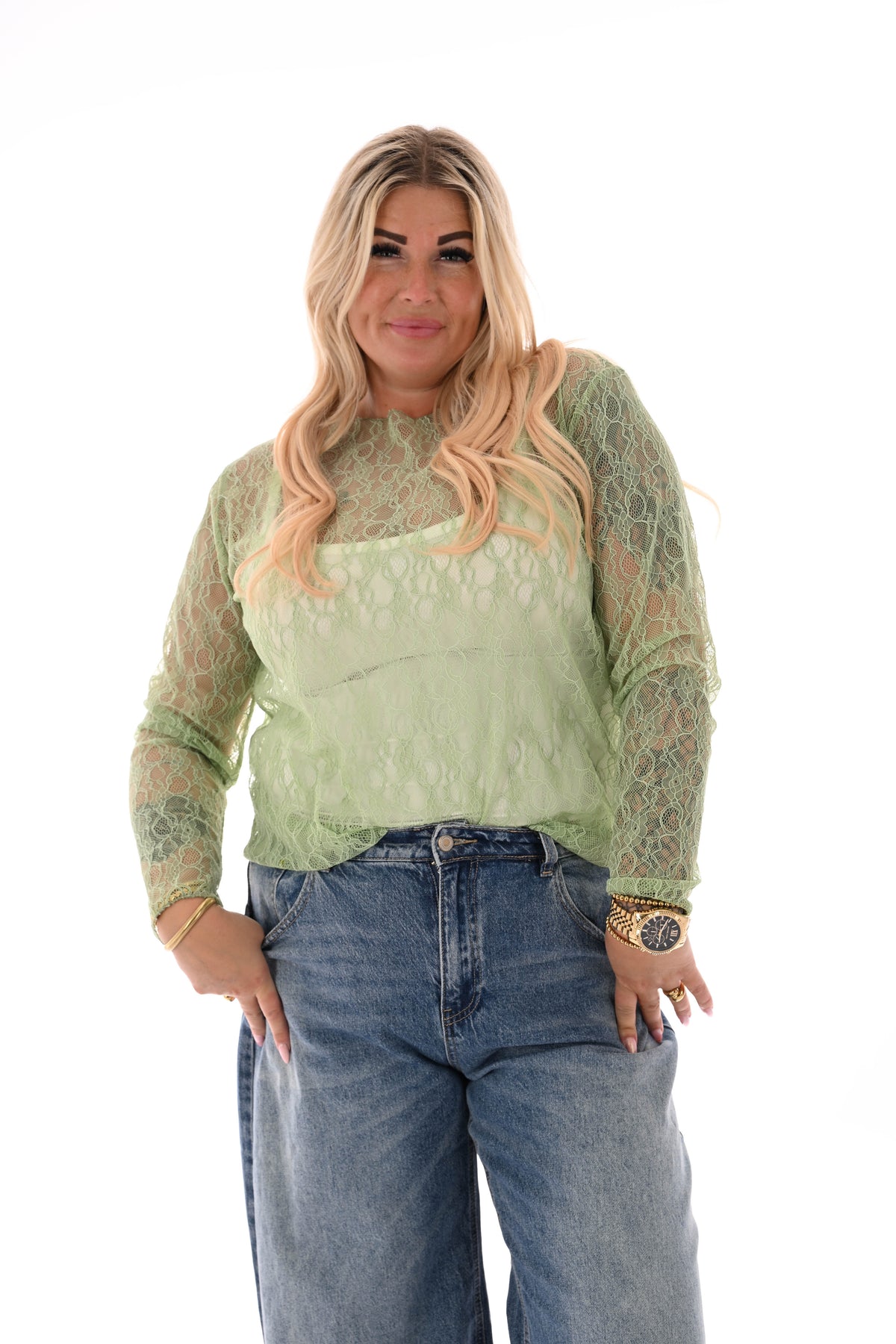 Kanten top ronde hals lindegroen