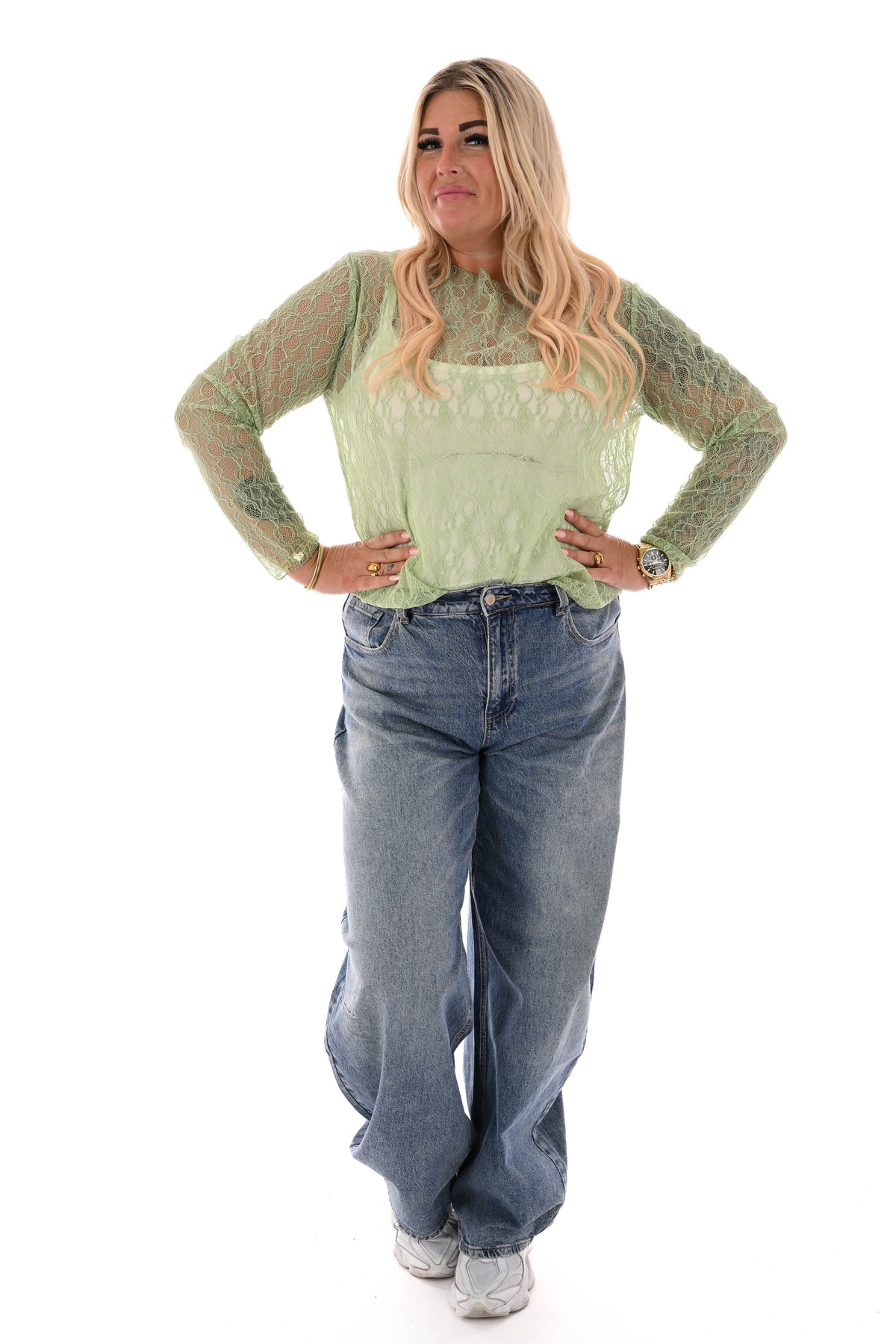 Kanten top ronde hals lindegroen