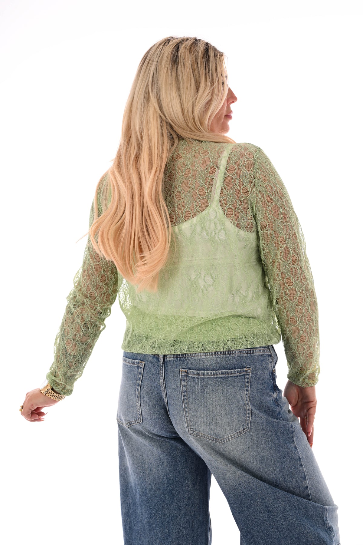 Kanten top ronde hals lindegroen