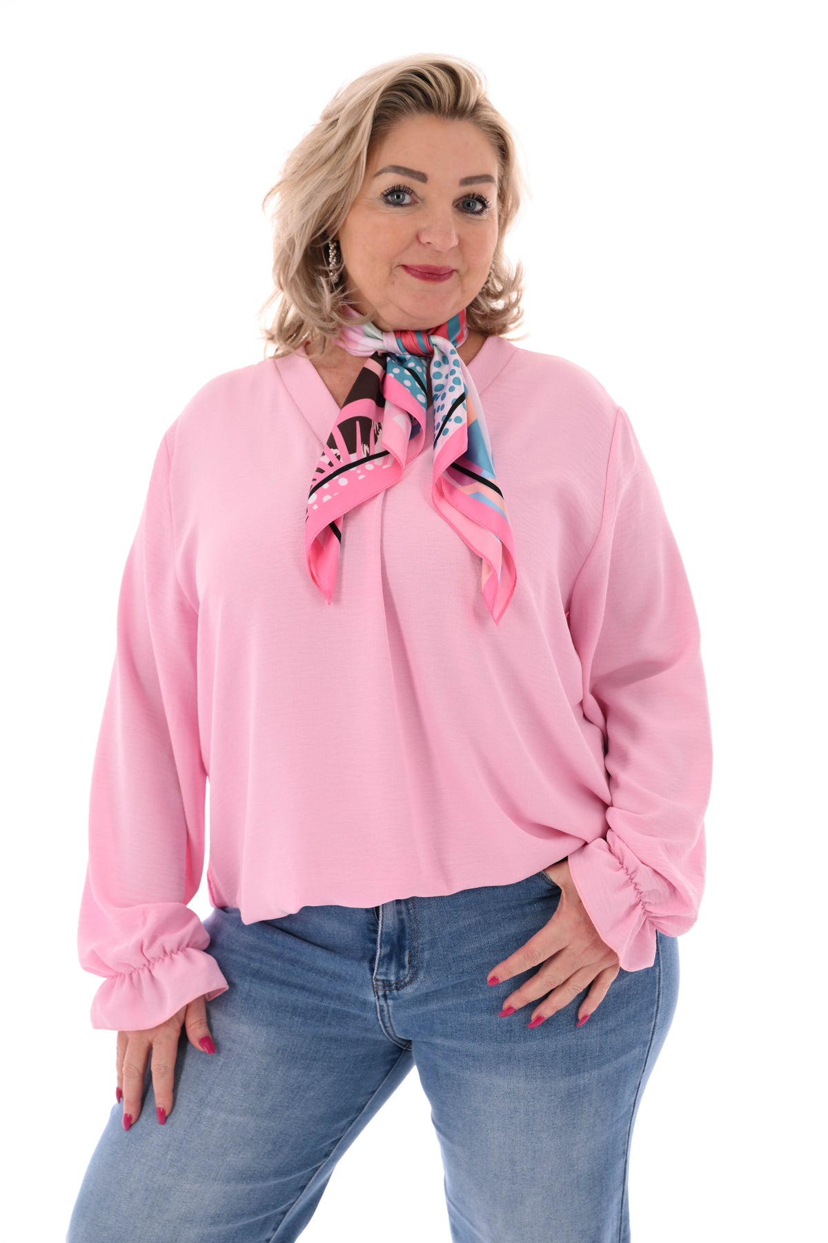 Top trompetmouwen v-hals uni lichtroze