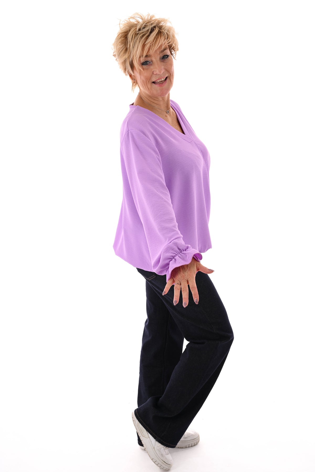Top trompetmouwen v-hals uni lila