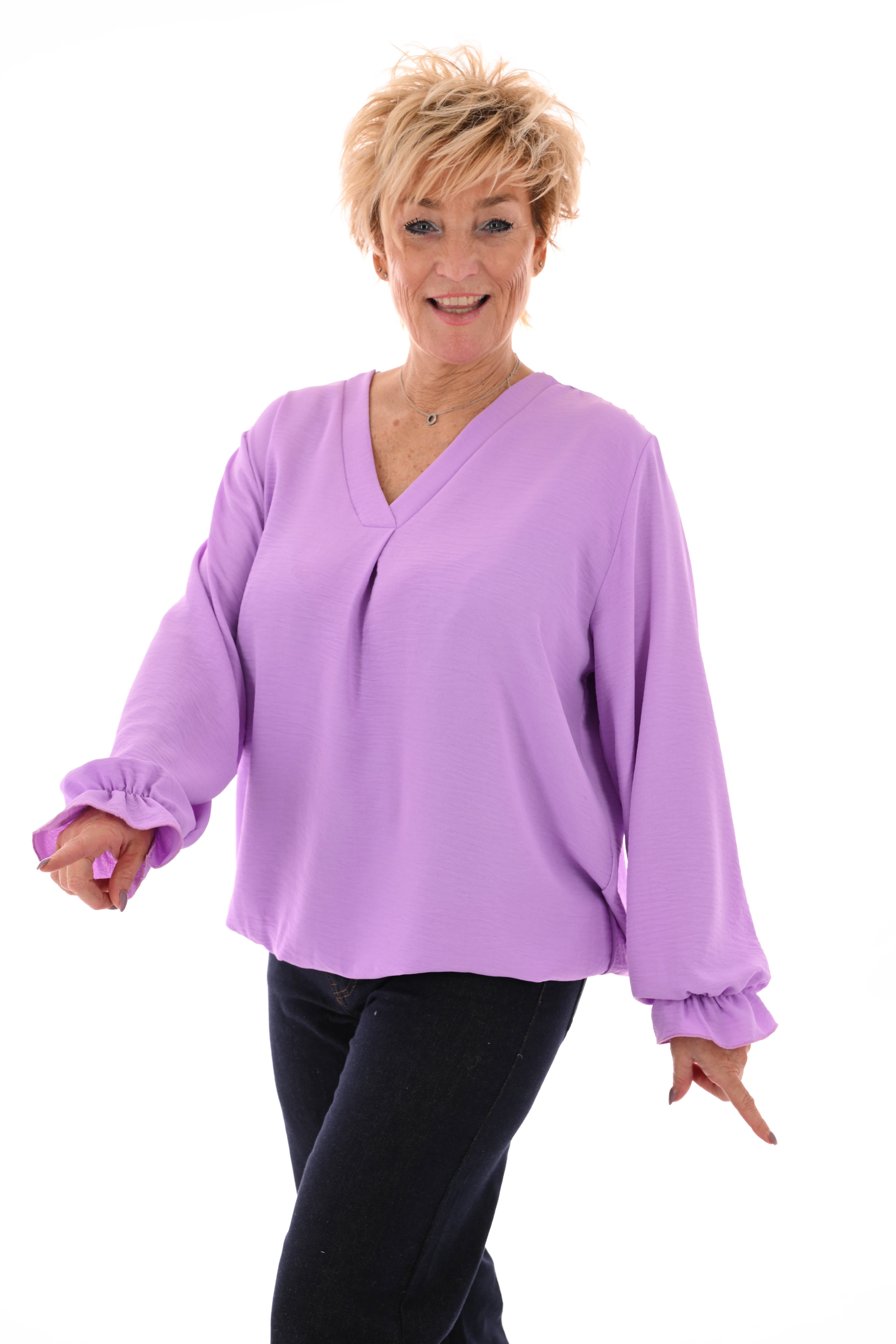 Top trompetmouwen v-hals uni lila