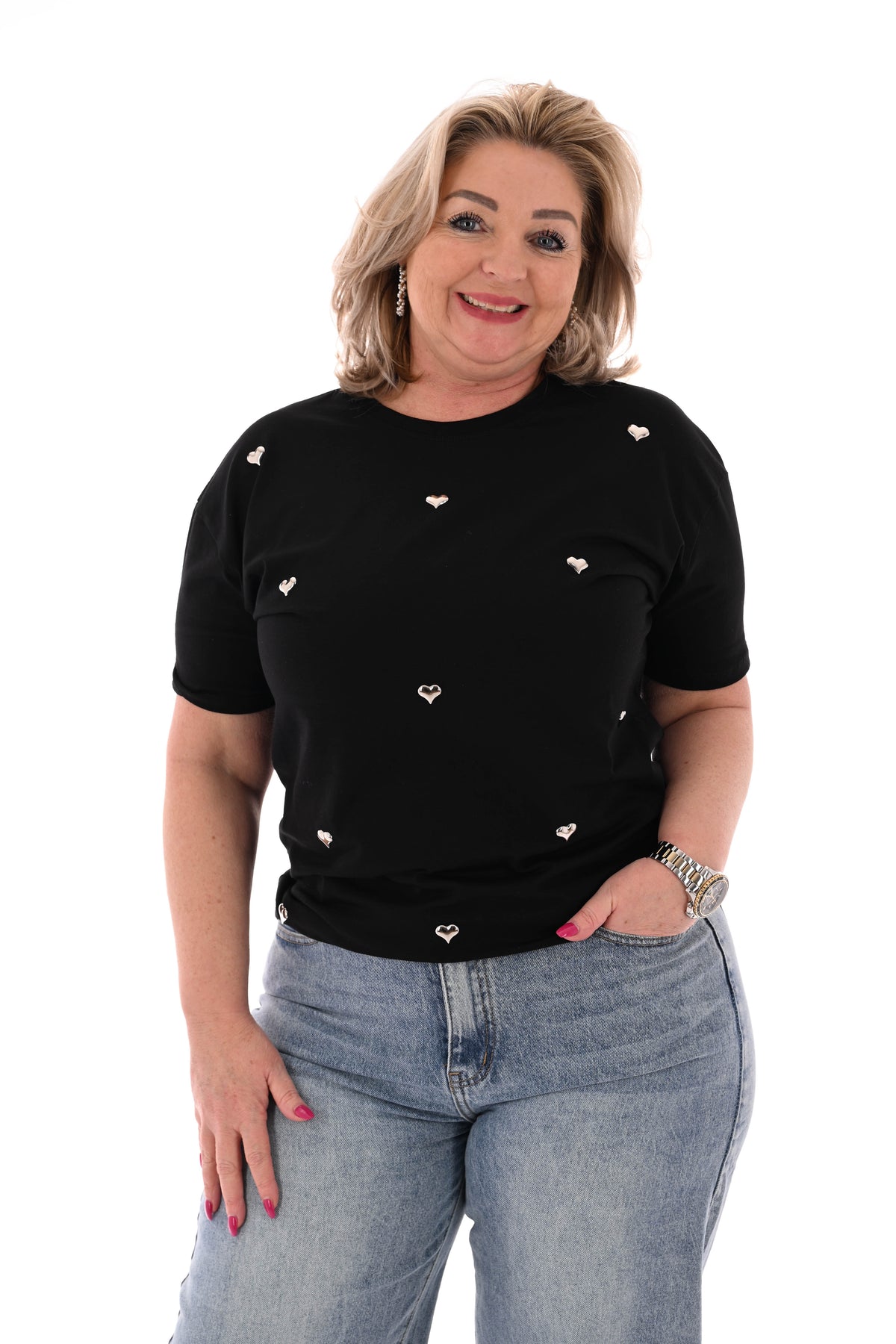 T-shirt zilveren hartjes zwart