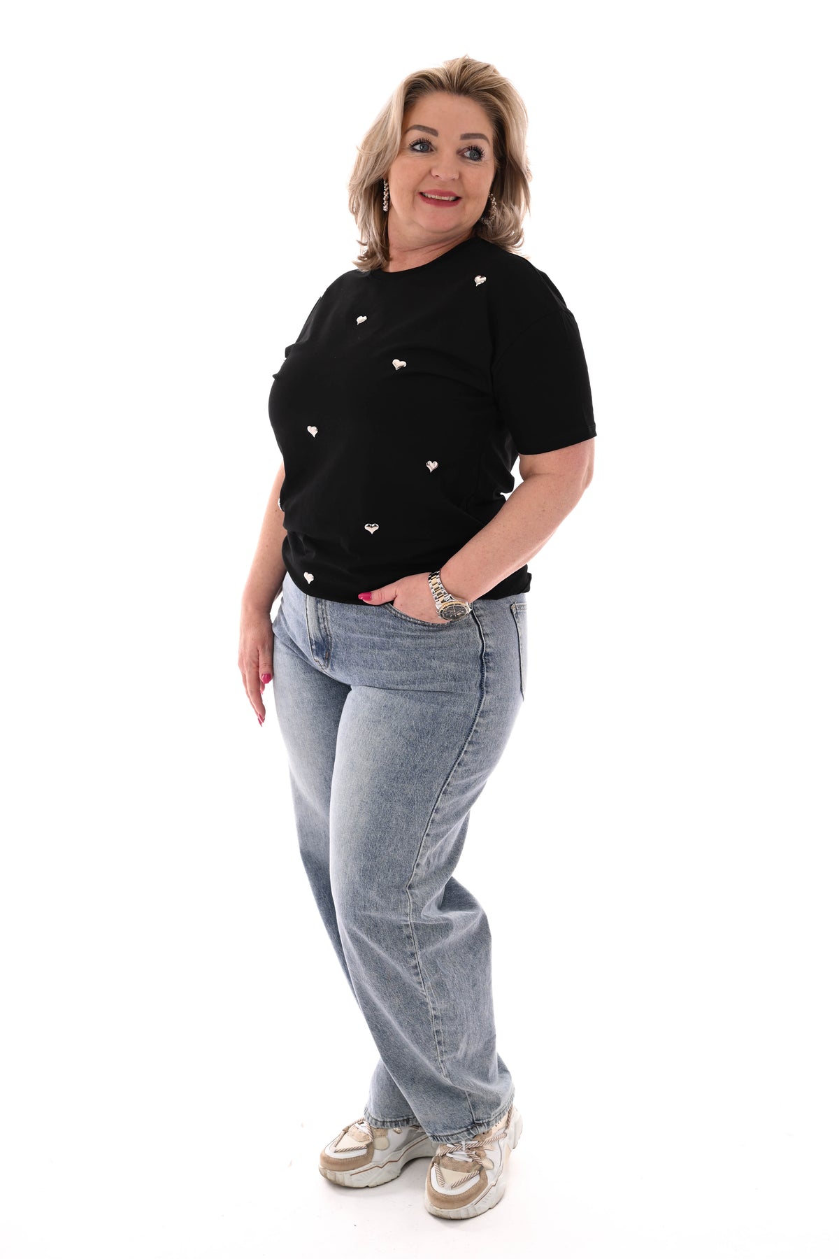 T-shirt zilveren hartjes zwart