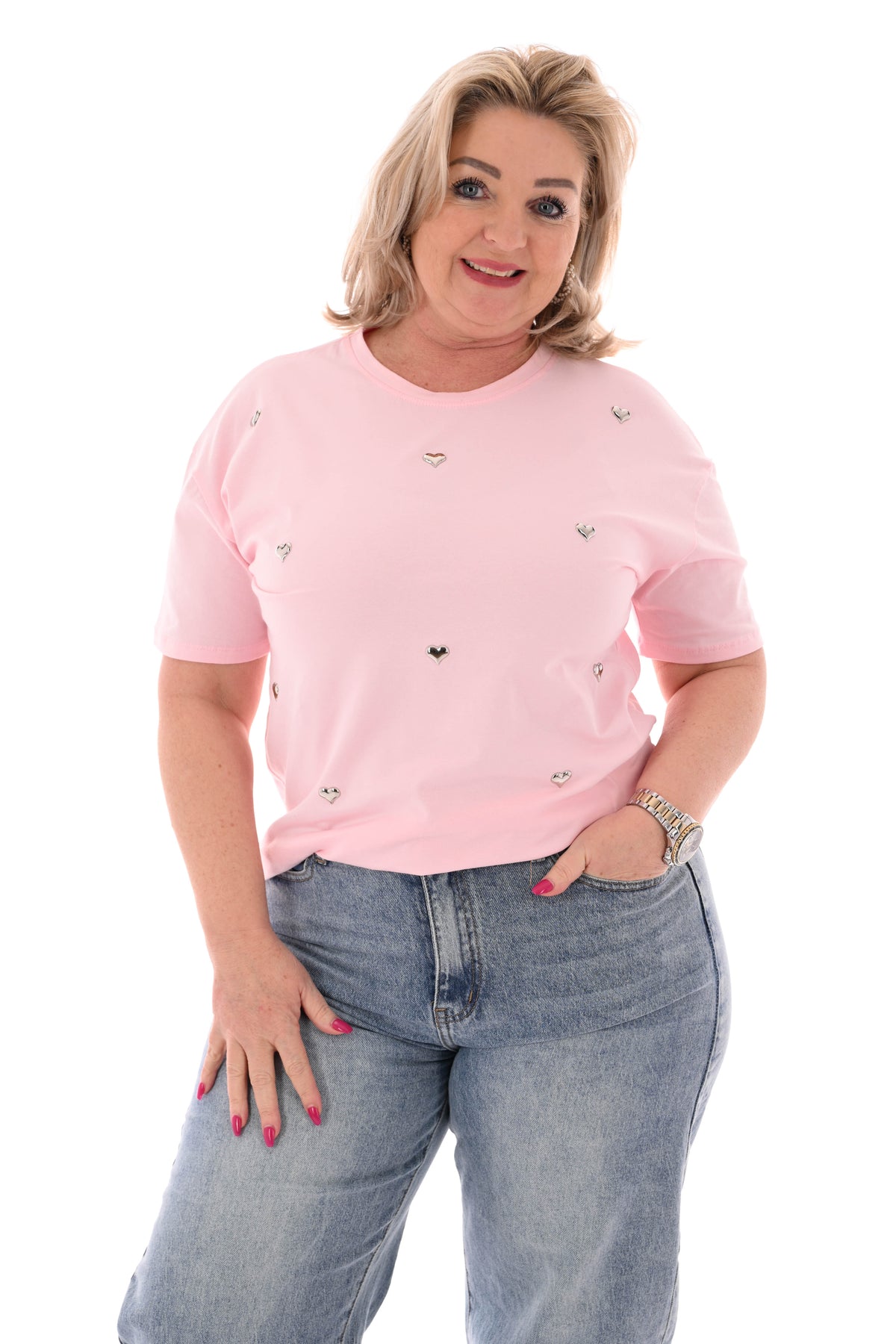 T-shirt zilveren hartjes lichtroze