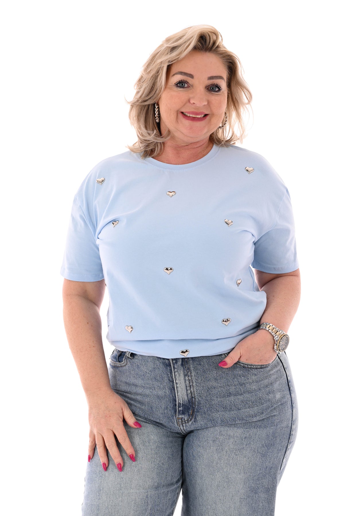 T-shirt zilveren hartjes lichtblauw