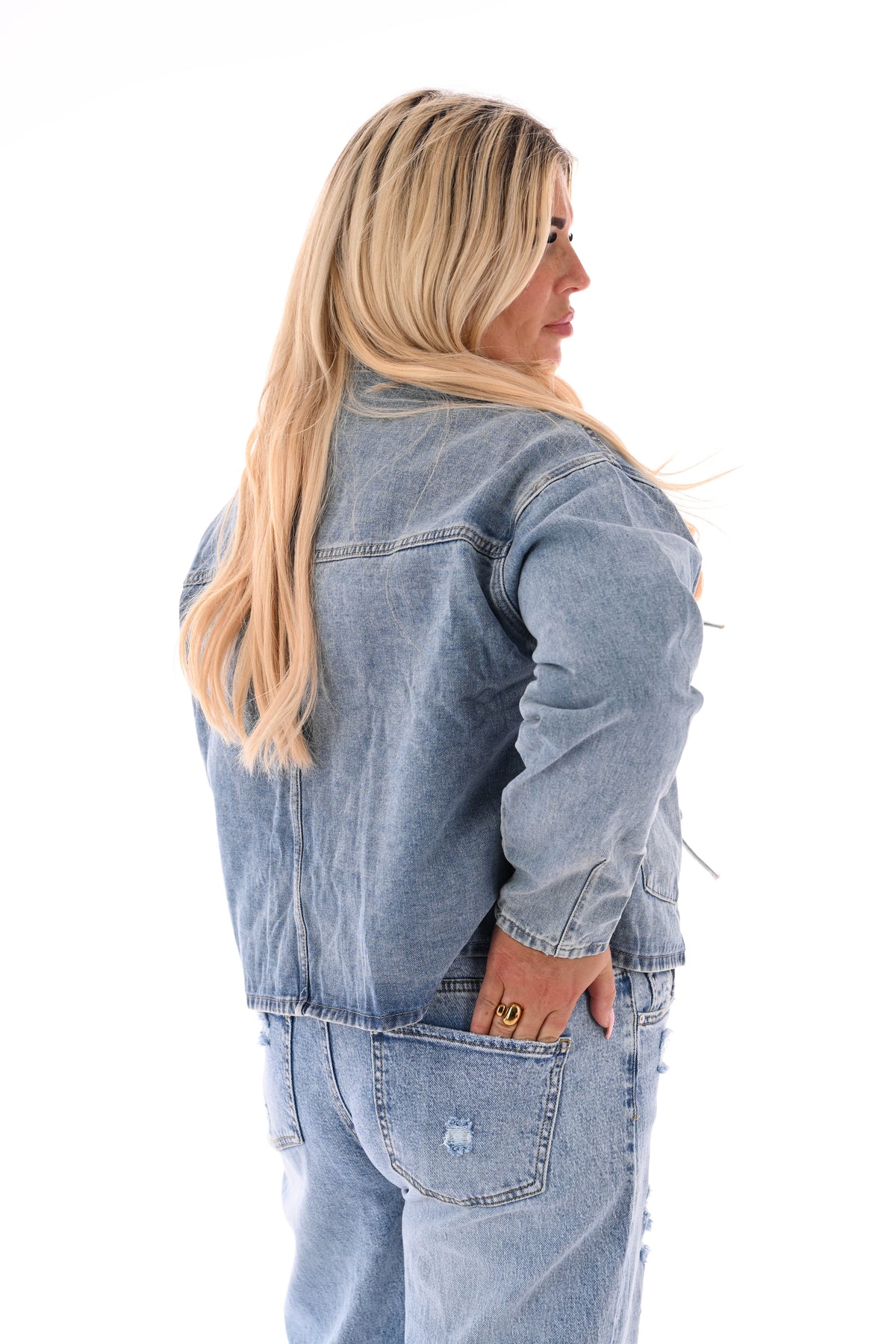 Denim jas met vetersluiting blauw