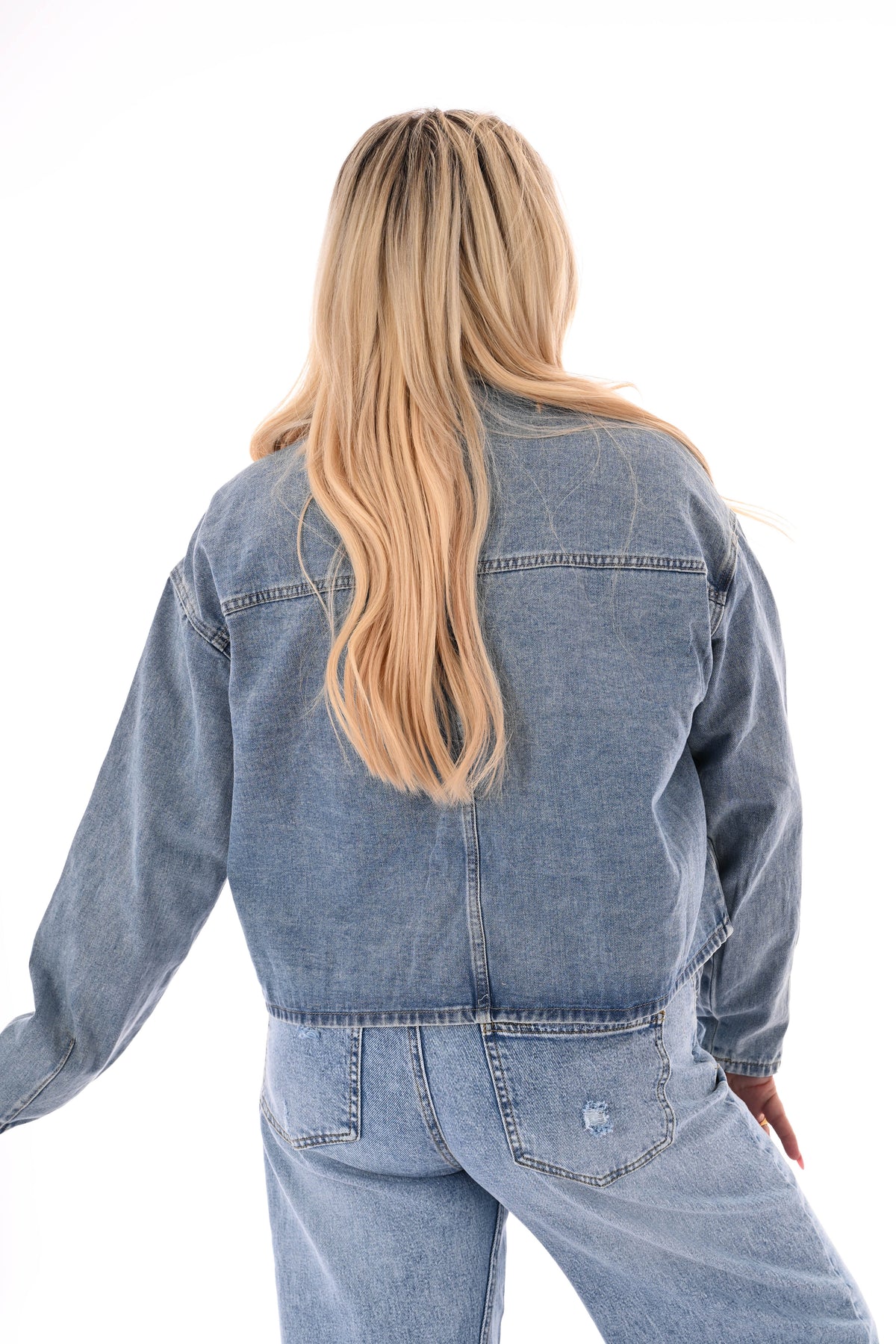 Denim jas met vetersluiting blauw