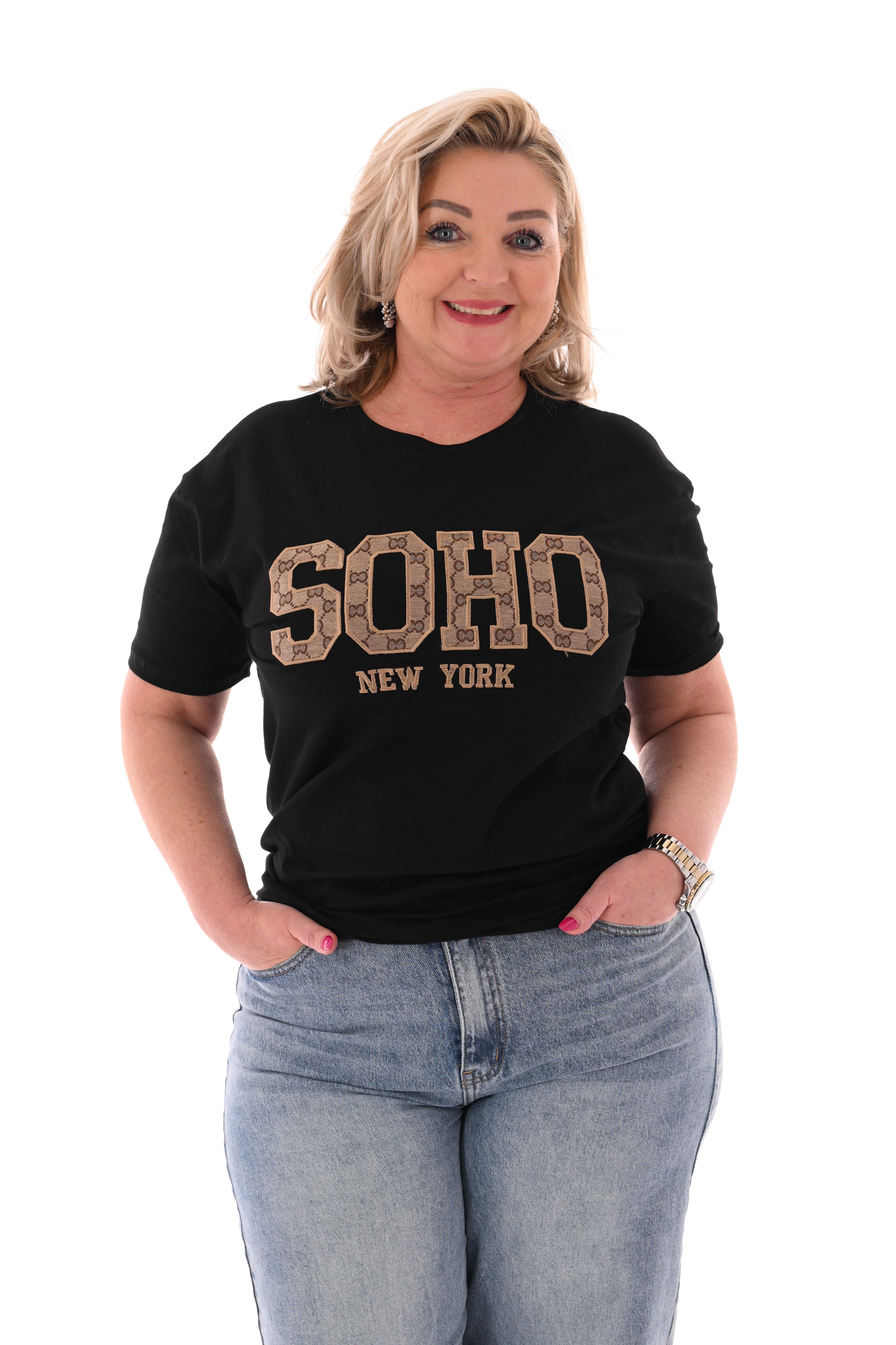 T-shirt soho print zwart/camel