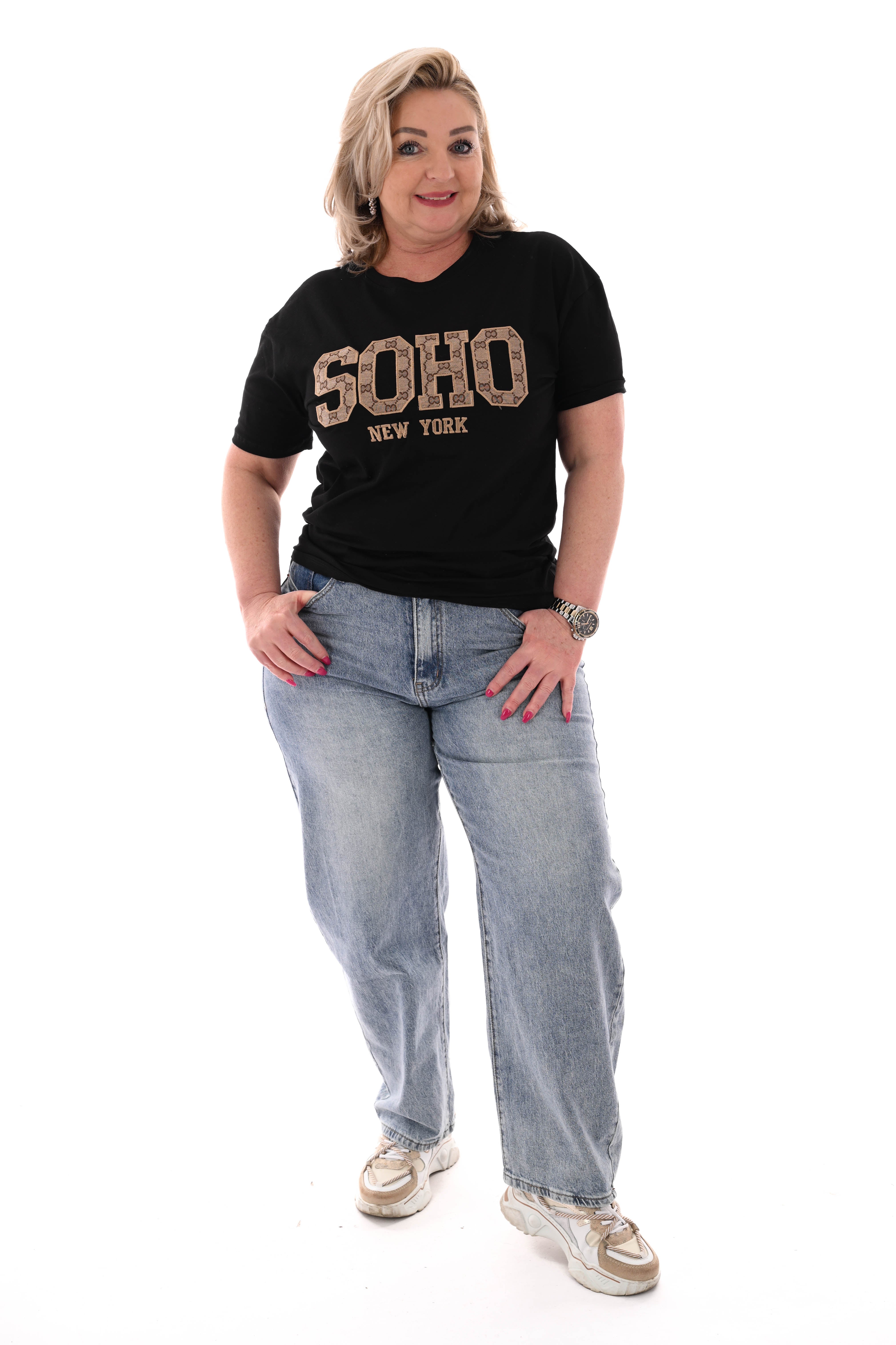 T-shirt soho print zwart/camel