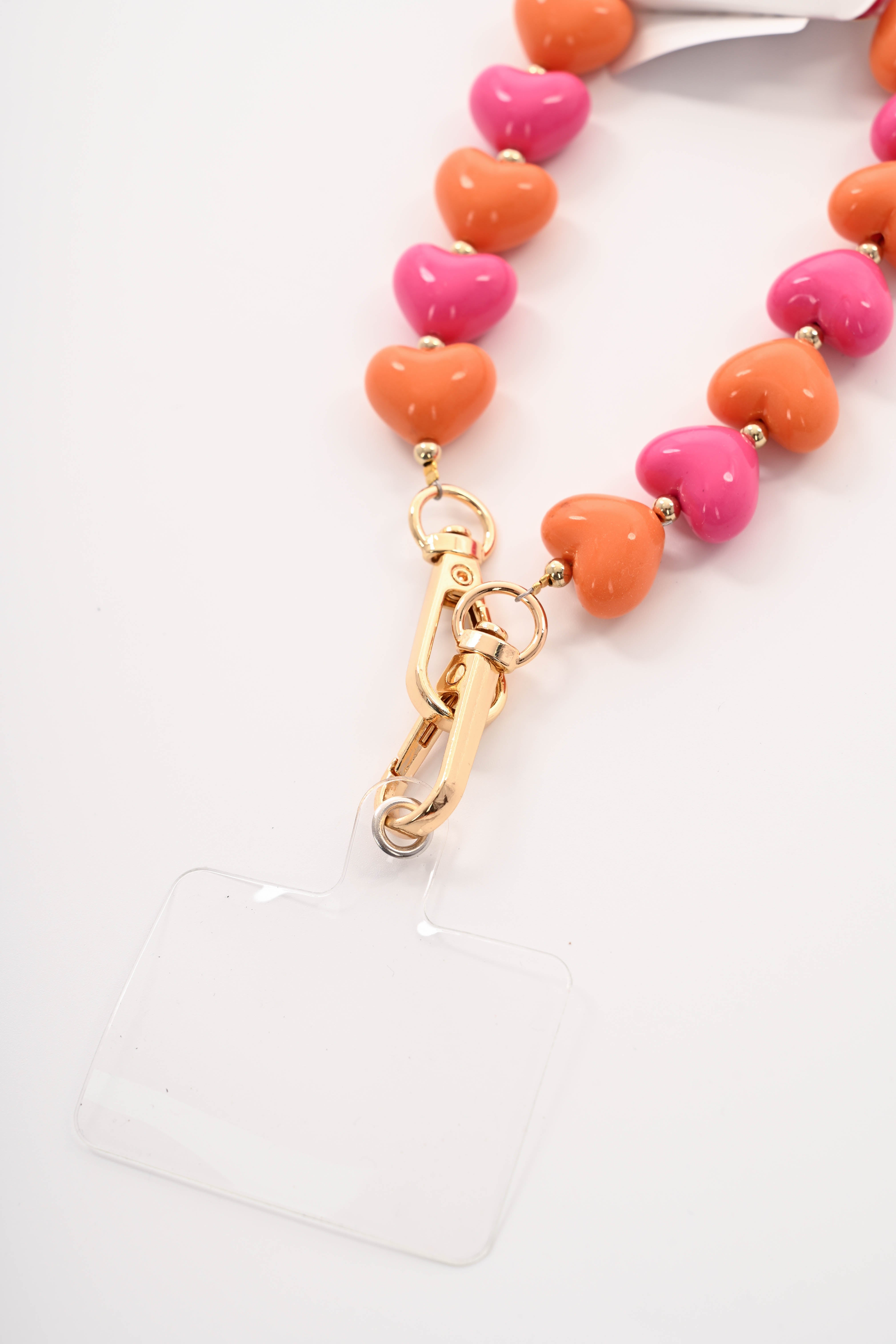 Telefoonkoord kort met hartjes oranje/fuchsia