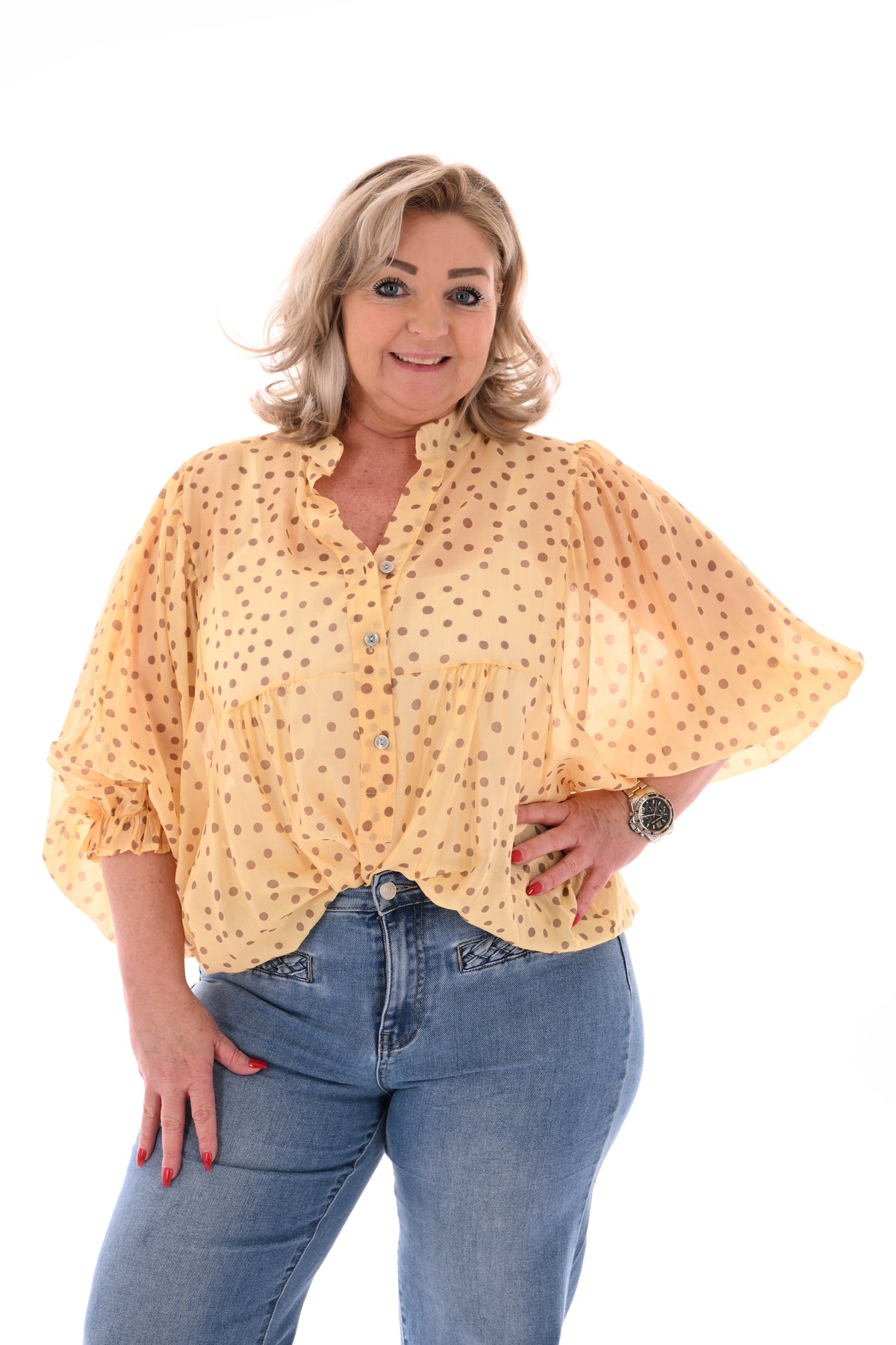 Blouse dots roezelmouwen geel