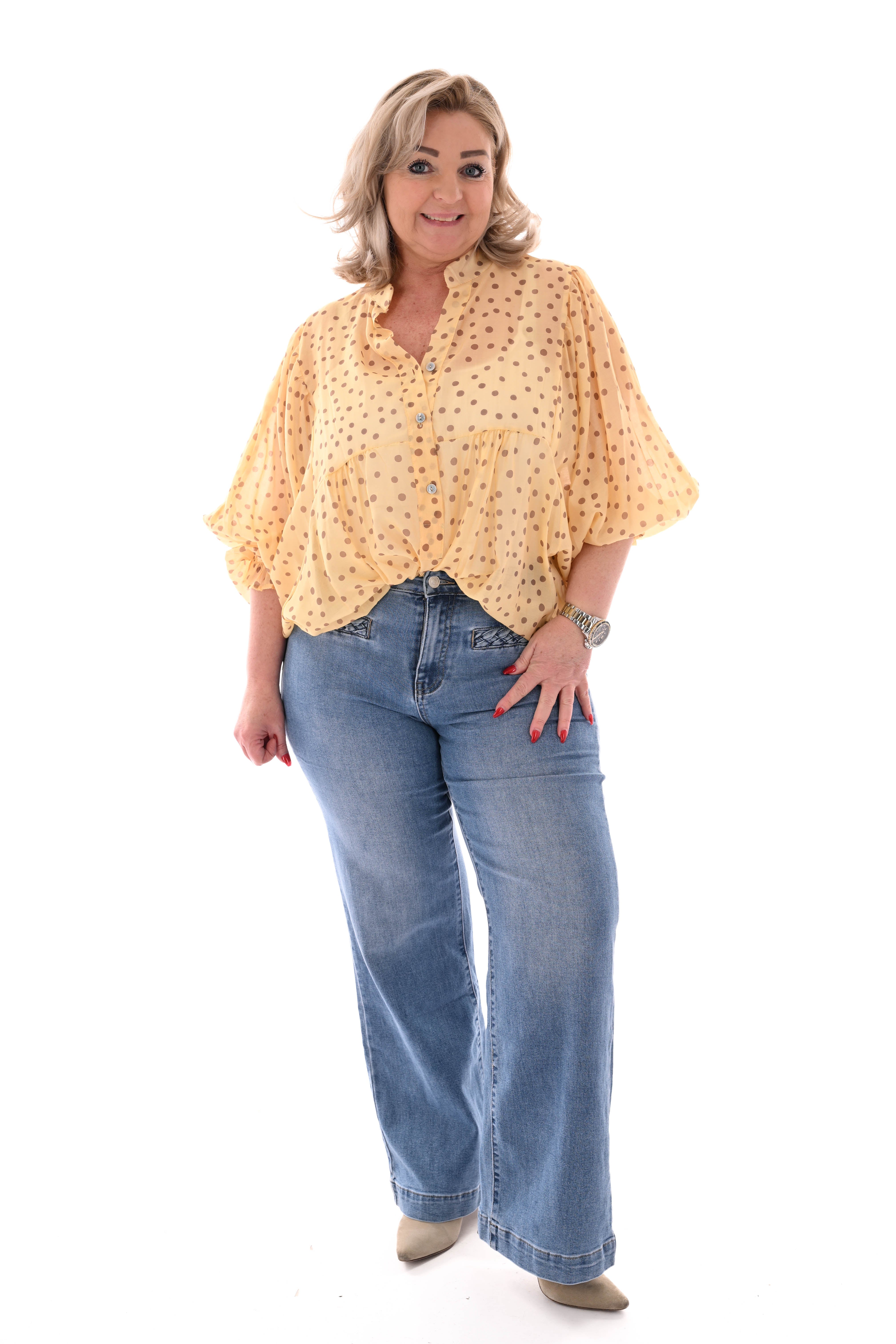Blouse dots roezelmouwen geel