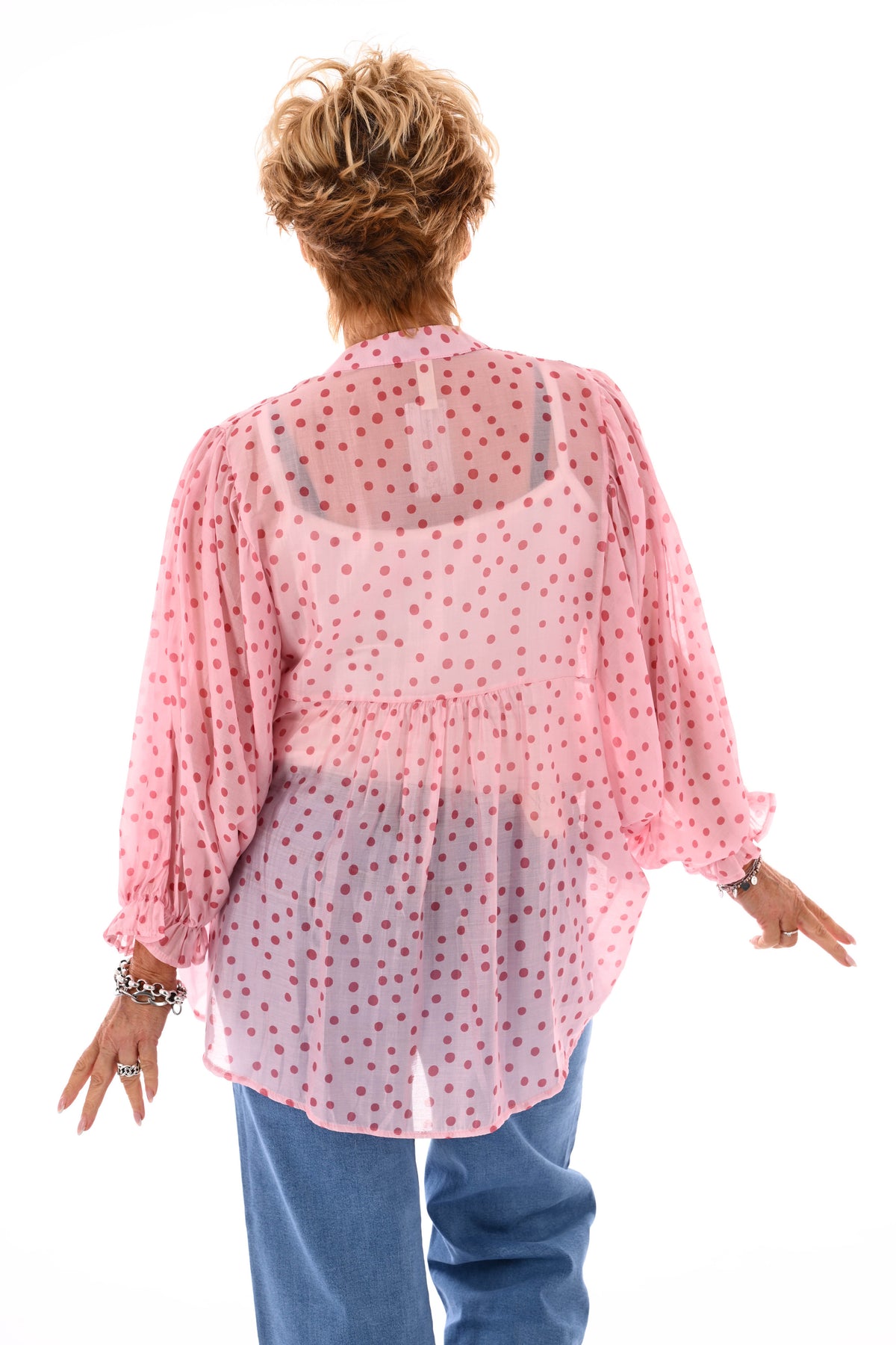 Blouse dots roezelmouwen lichtroze