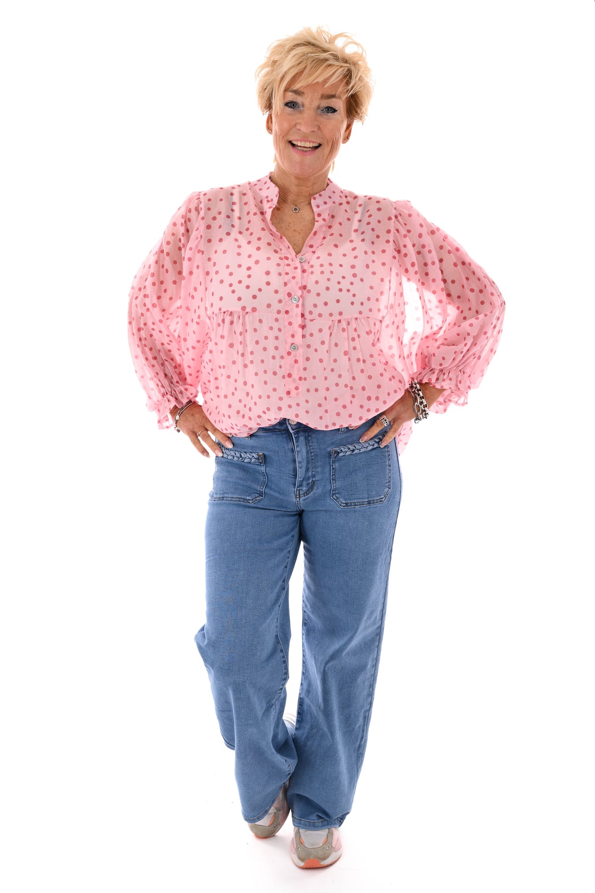 Miss Bon jeans vlechtrand met voorzakken blauw