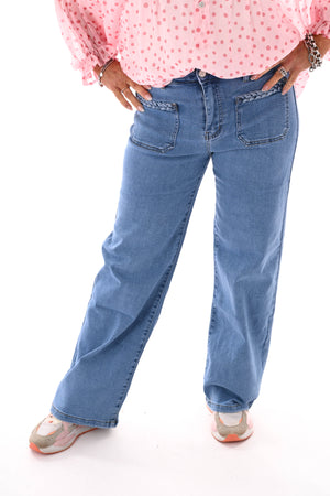Miss Bon jeans vlechtrand met voorzakken blauw