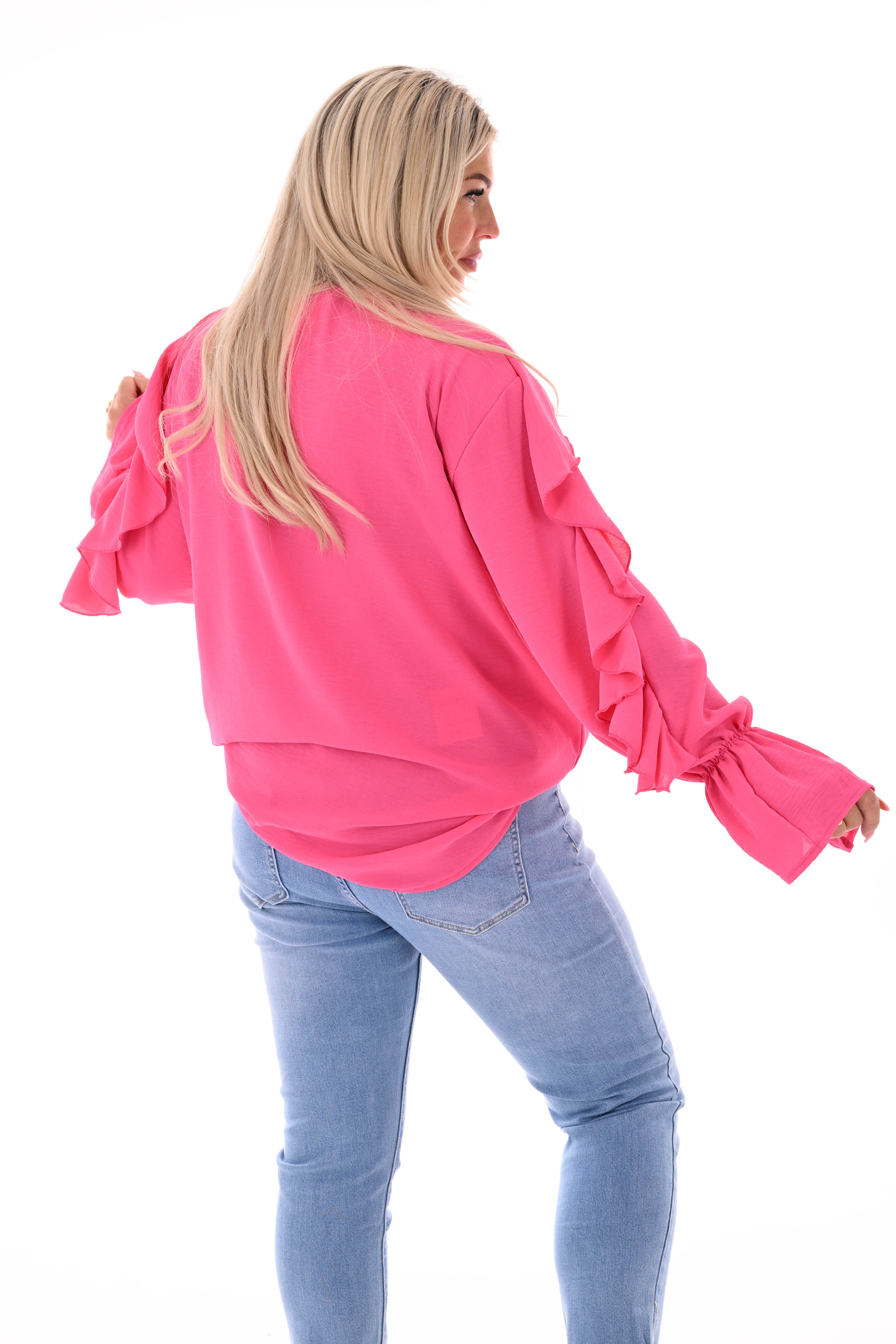 Blouse roezels met trompetmouwen fuchsia