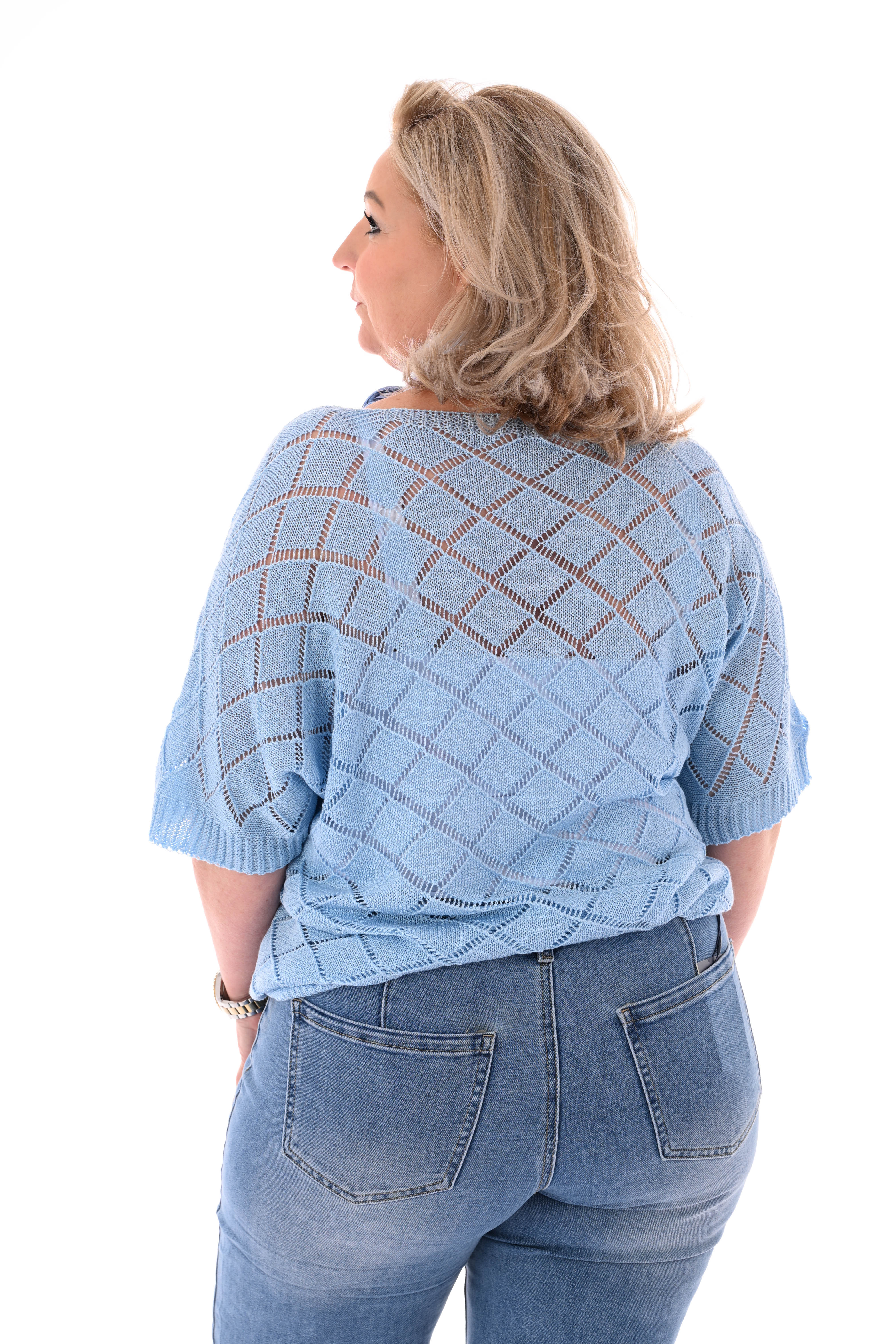 Top korte mouwen ruitpatroon lichtblauw