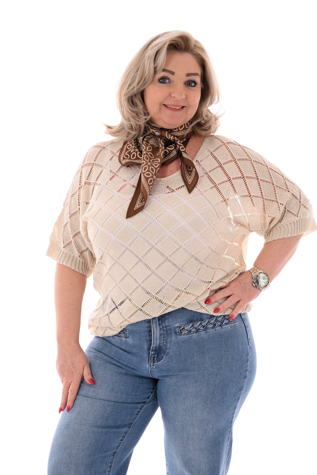Top korte mouwen ruitpatroon beige
