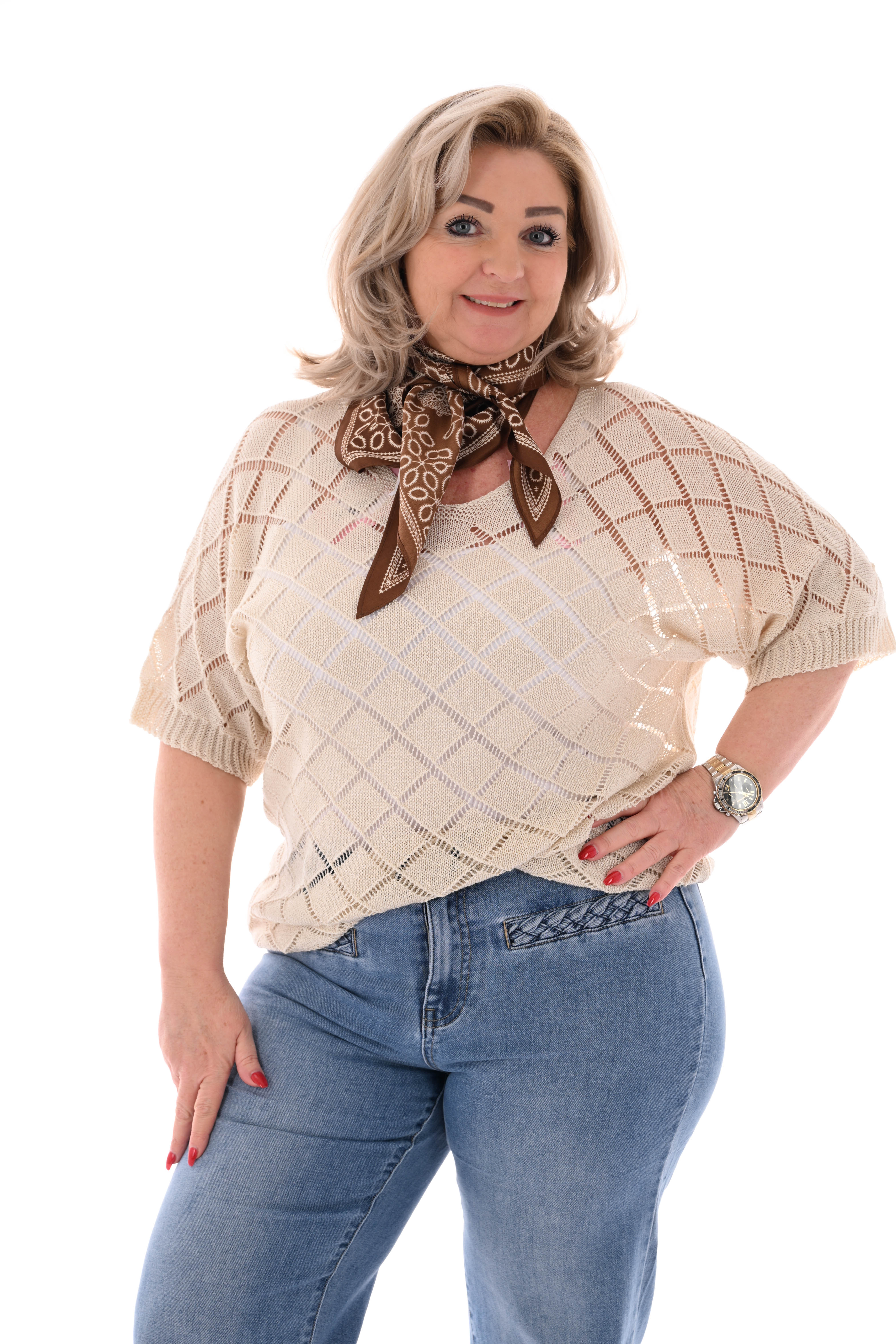 Top korte mouwen ruitpatroon beige