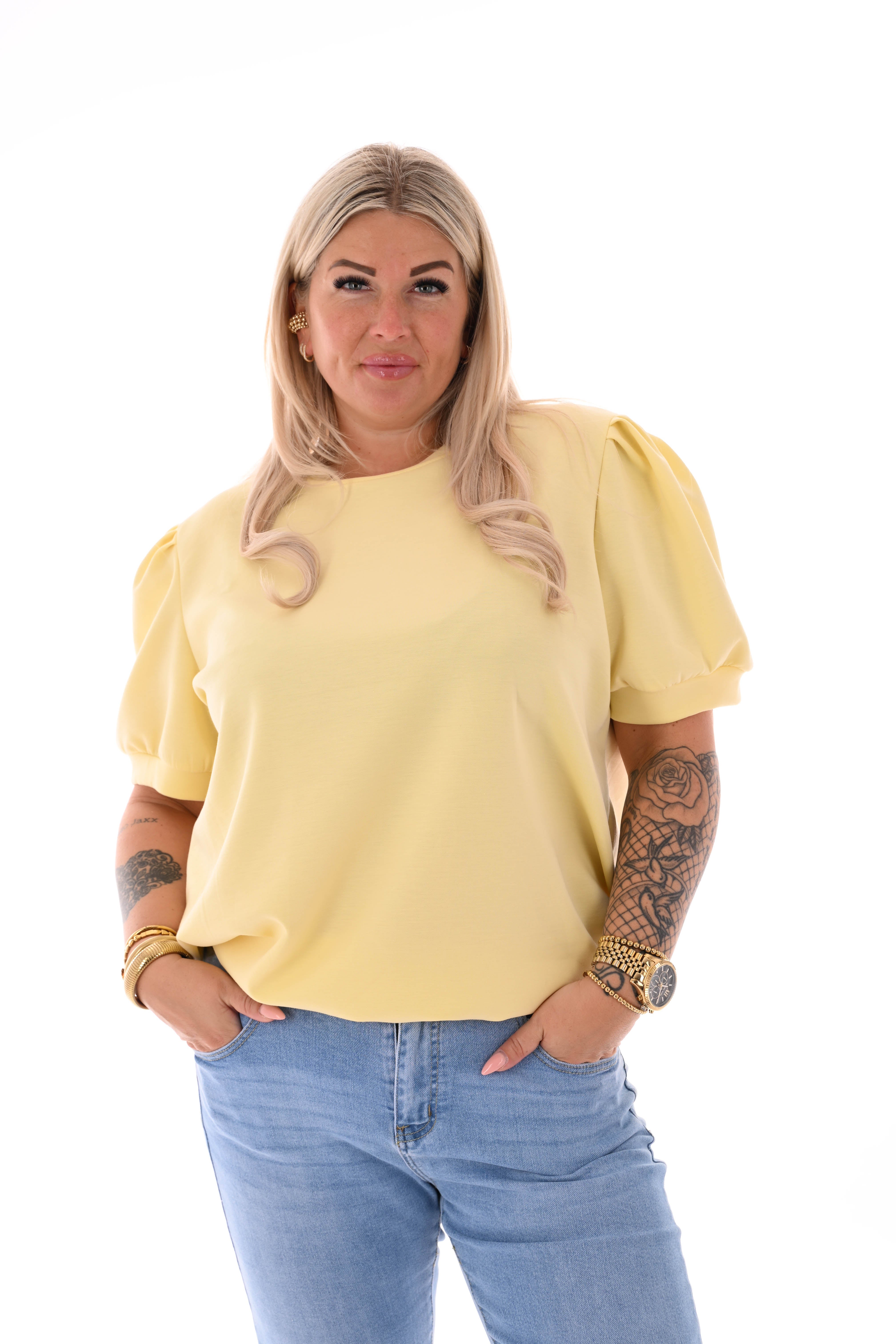 Sweater korte pofmouwen uni botergeel