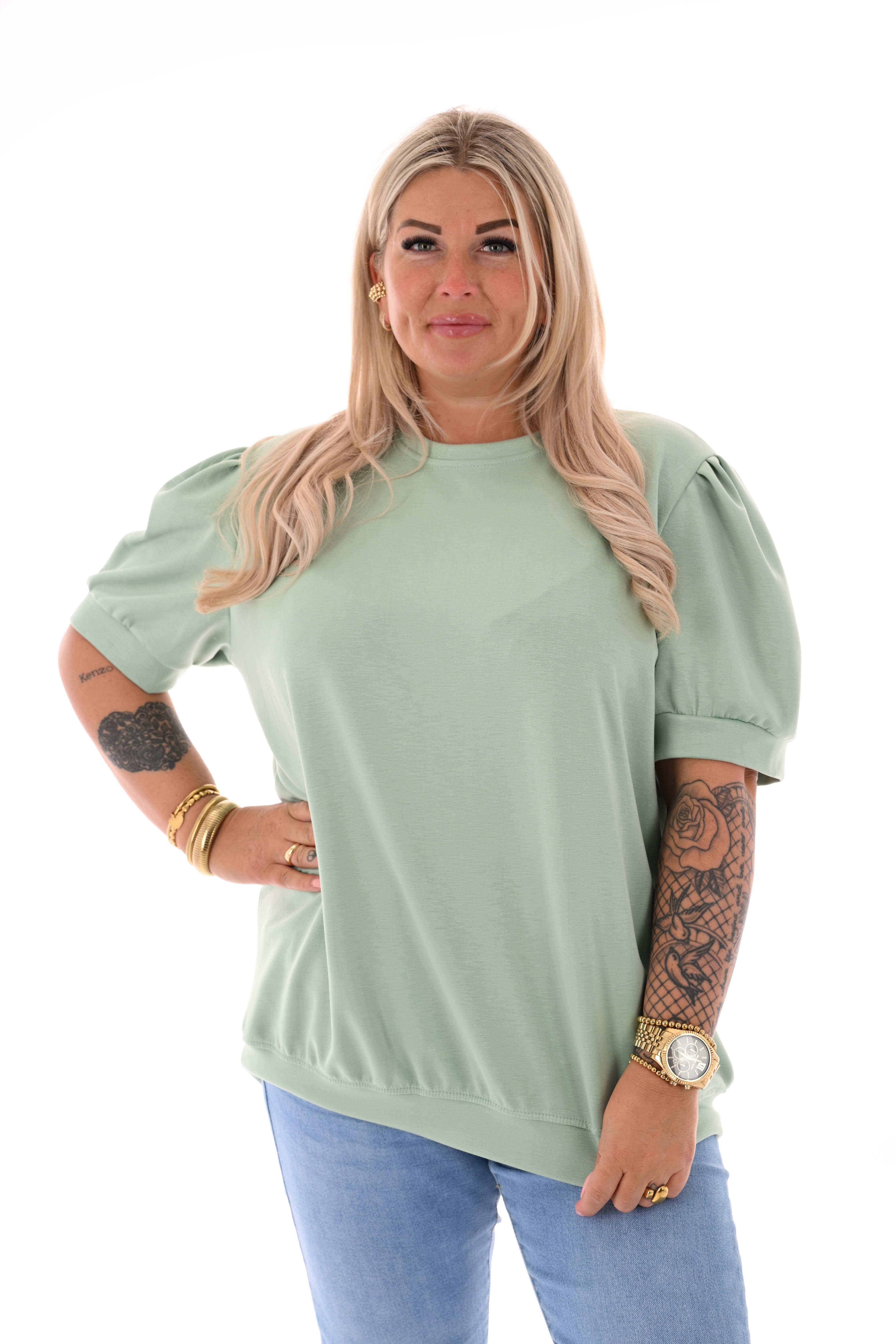 Sweater korte pofmouwen uni pistache