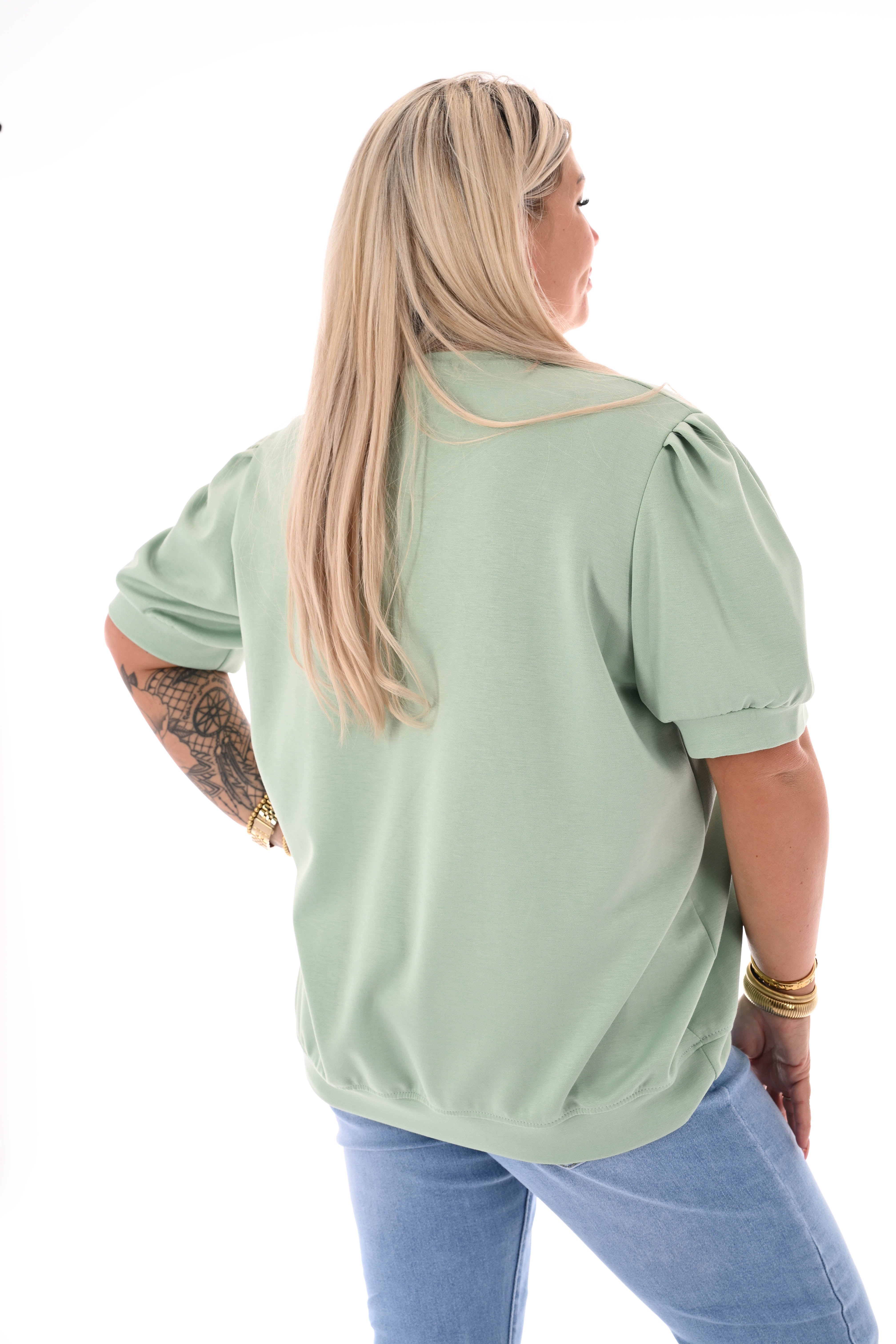 Sweater korte pofmouwen uni pistache