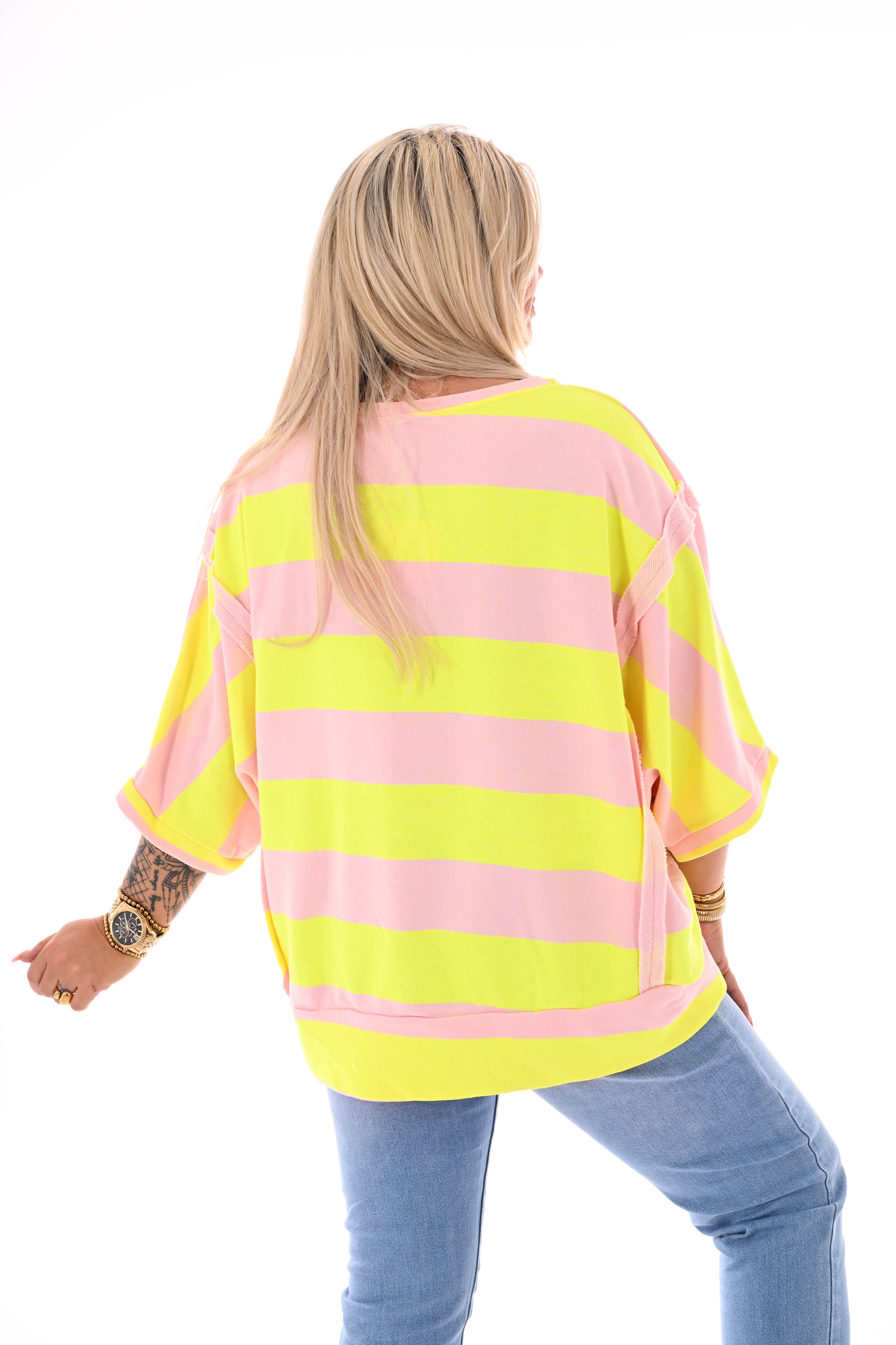Sweater korte mouwen brede streep roze/lichtgeel
