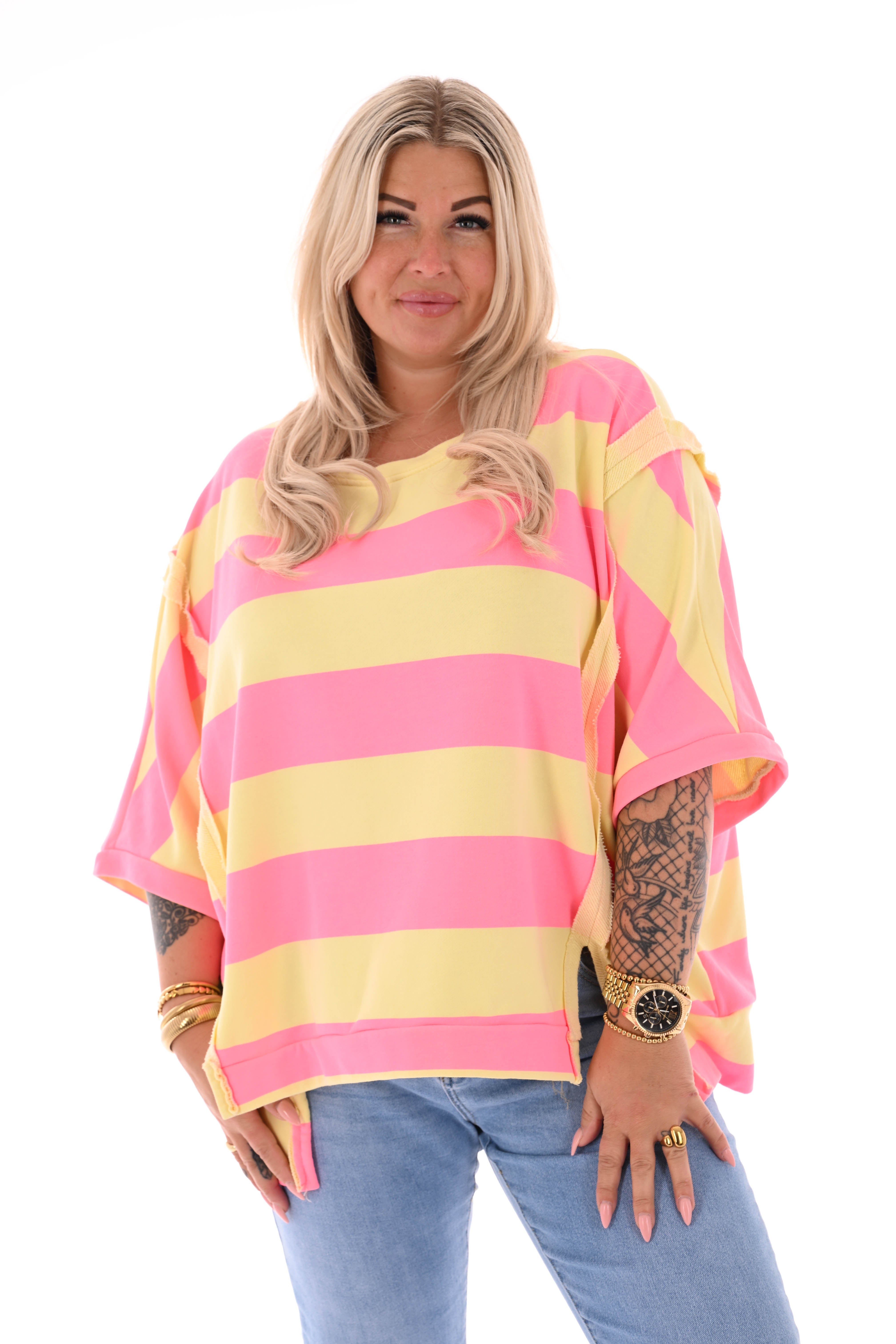 Sweater korte mouwen brede streep geel/lichtroze