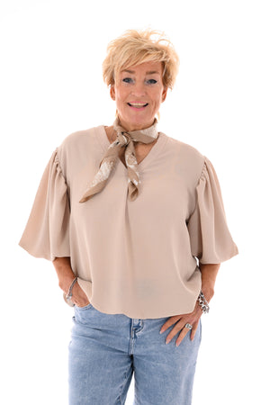 Top v-hals korte pofmouwen elastieken onderkant beige