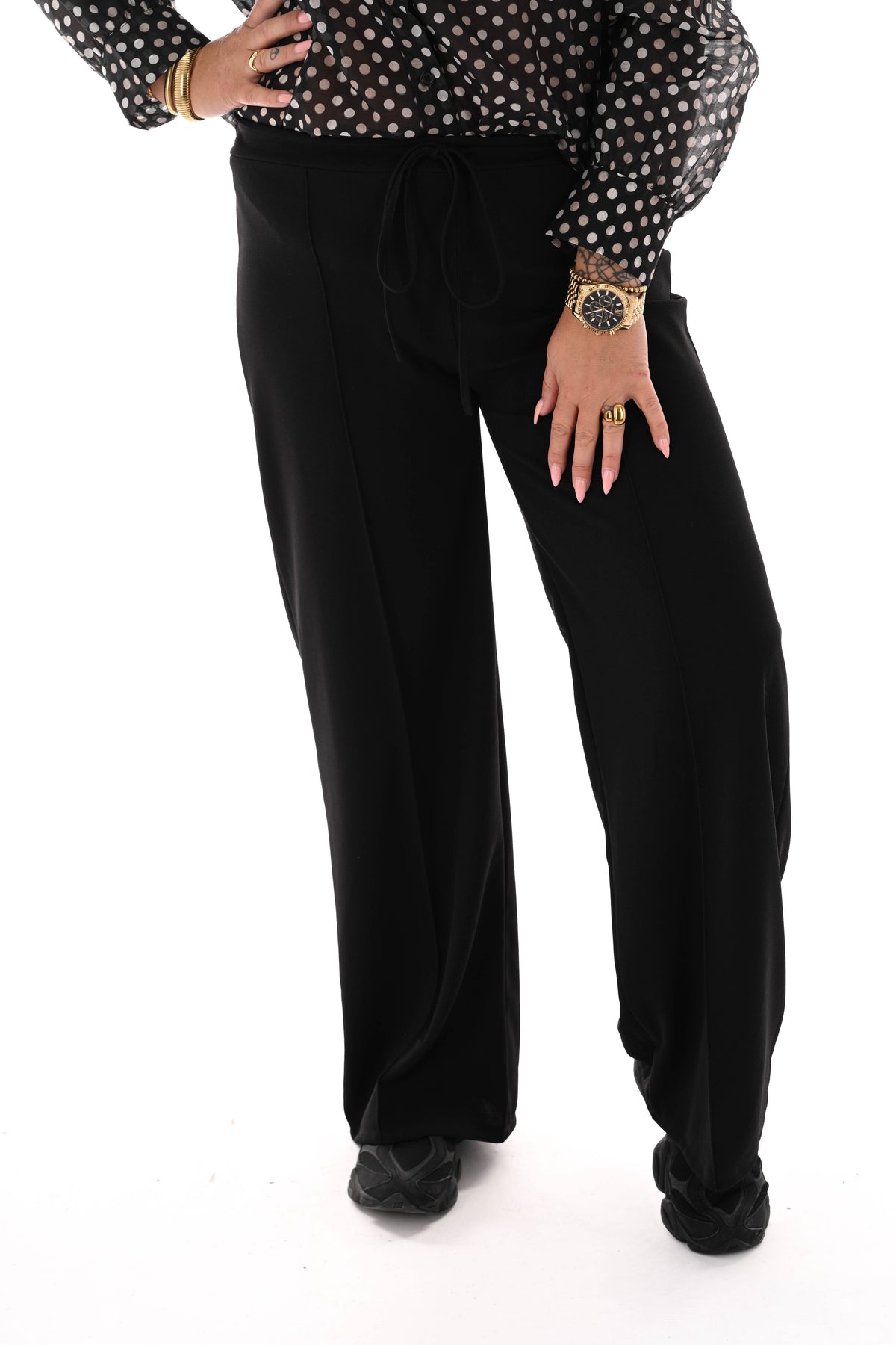 Wijde broek elastieken band met naad uni zwart