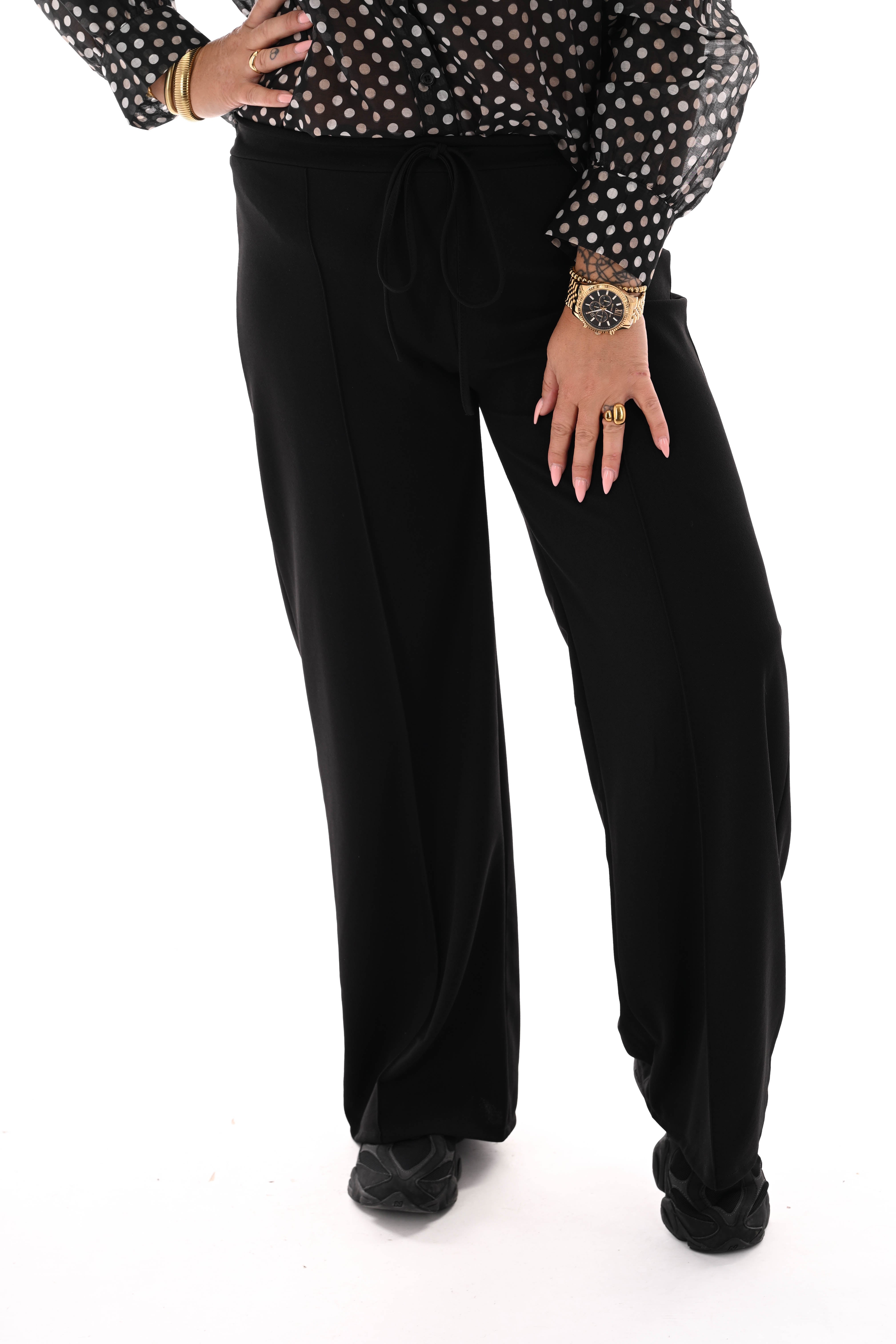 Wijde broek elastieken band met naad uni zwart