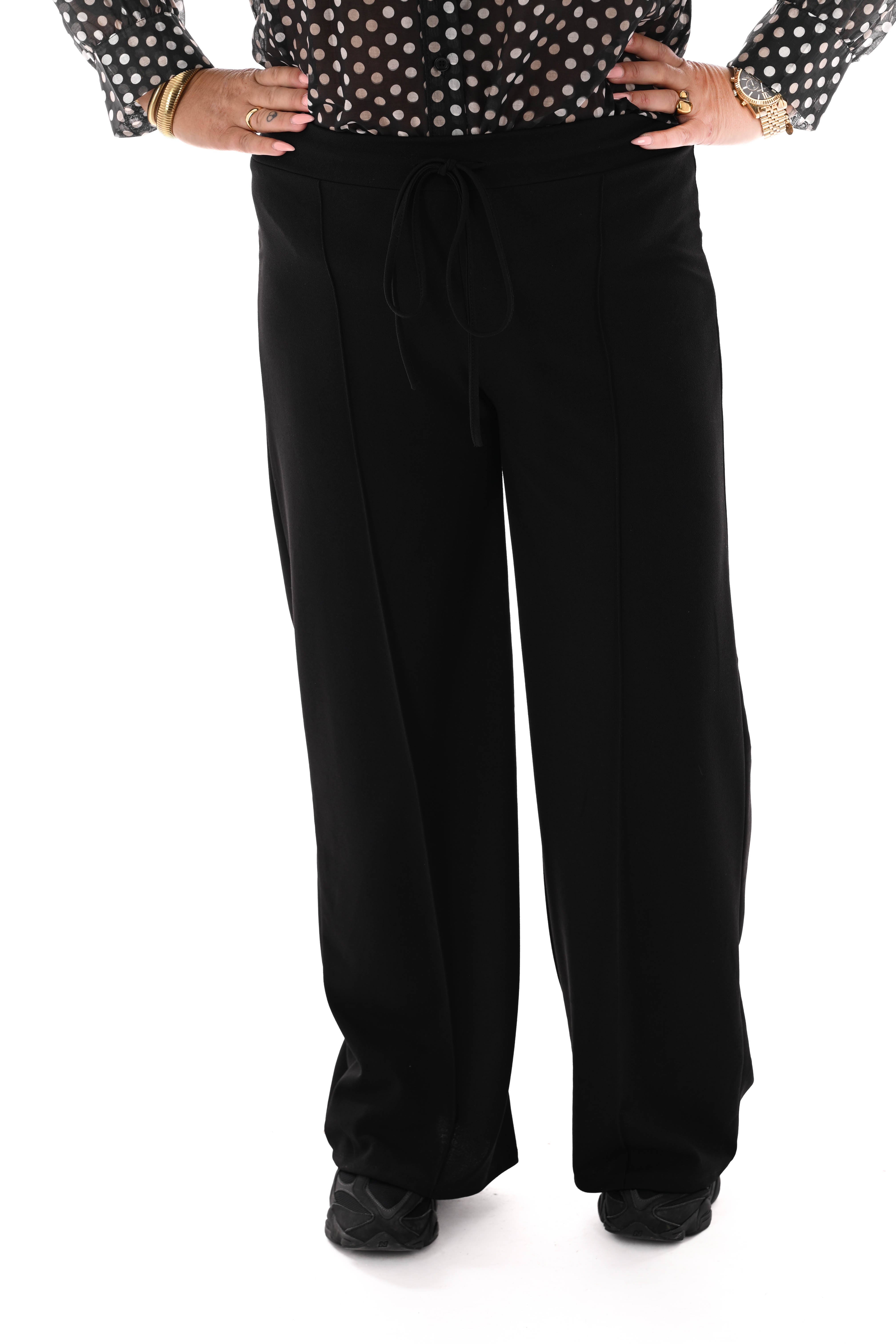 Wijde broek elastieken band met naad uni zwart