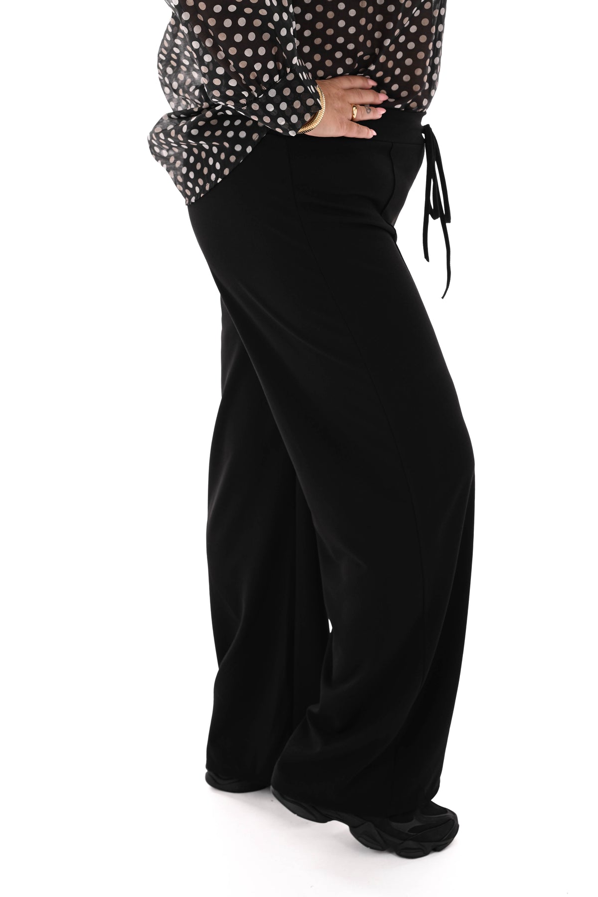 Wijde broek elastieken band met naad uni zwart