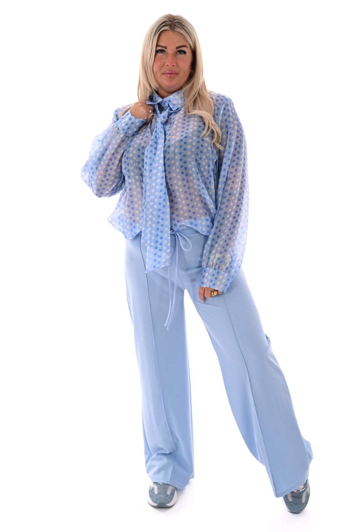 Wijde broek elastieken band met naad uni lichtblauw