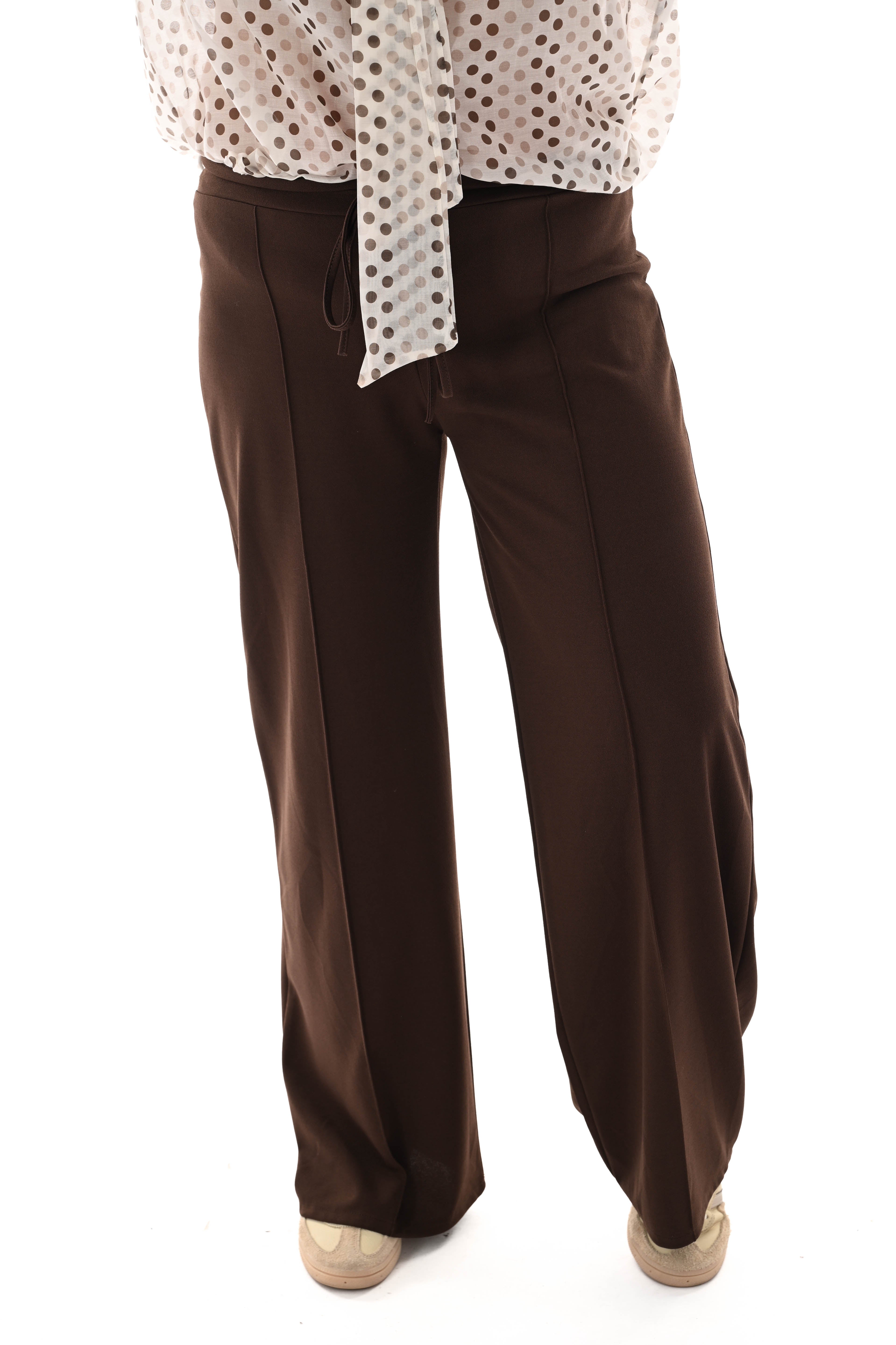 Wijde broek elastieken band met naad uni donkerbruin