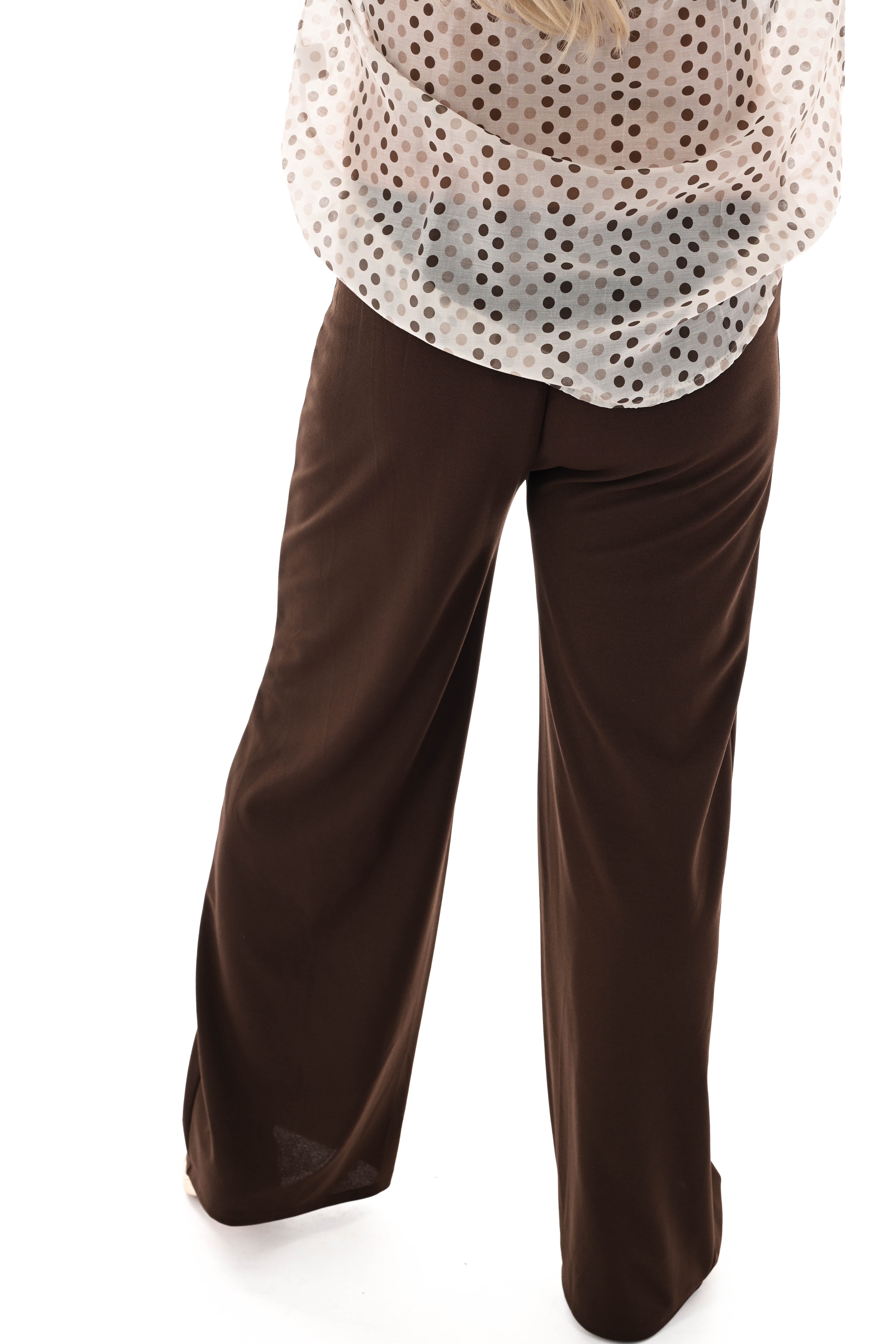 Wijde broek elastieken band met naad uni donkerbruin