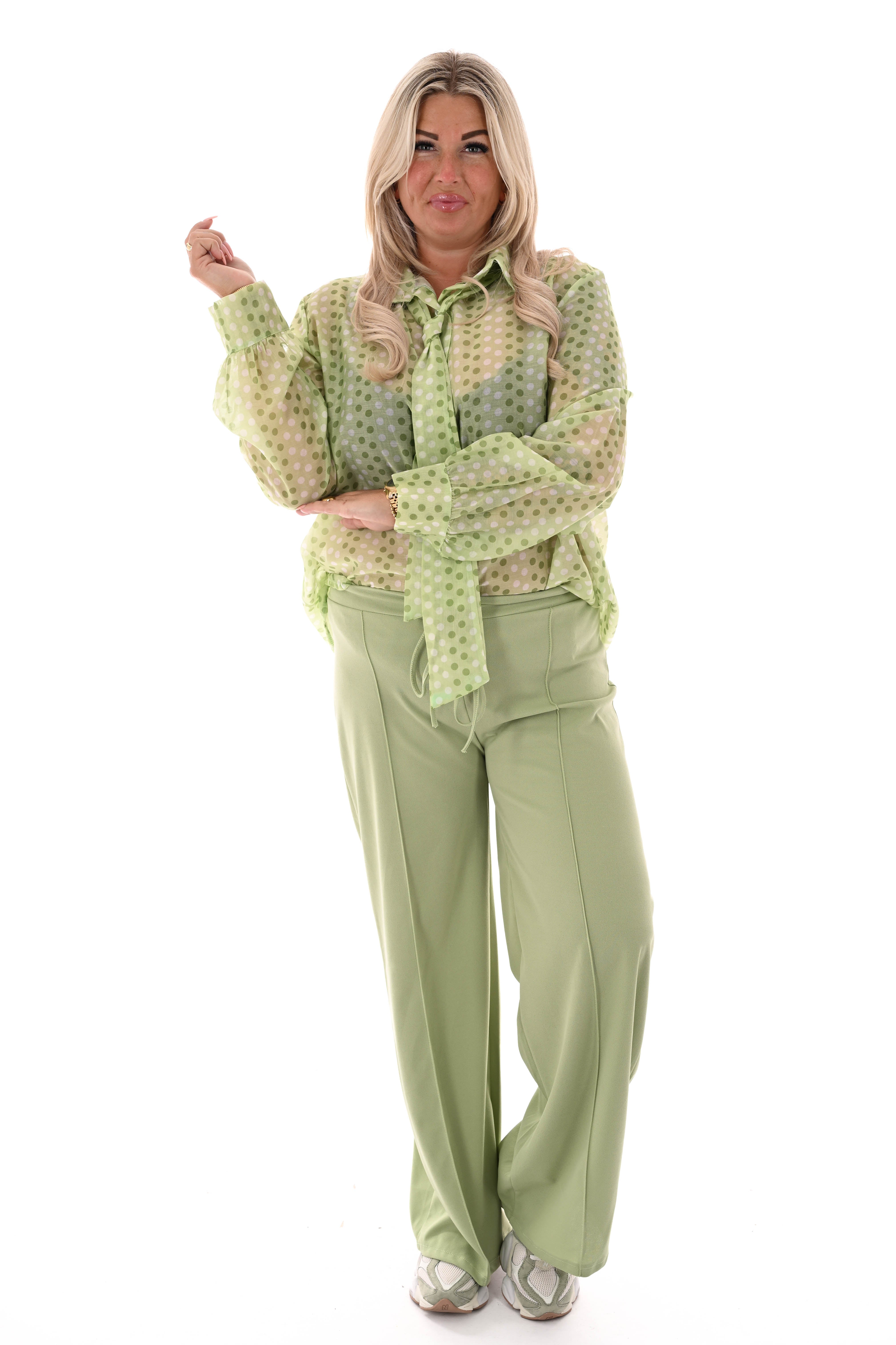 Wijde broek elastieken band met naad uni pistache