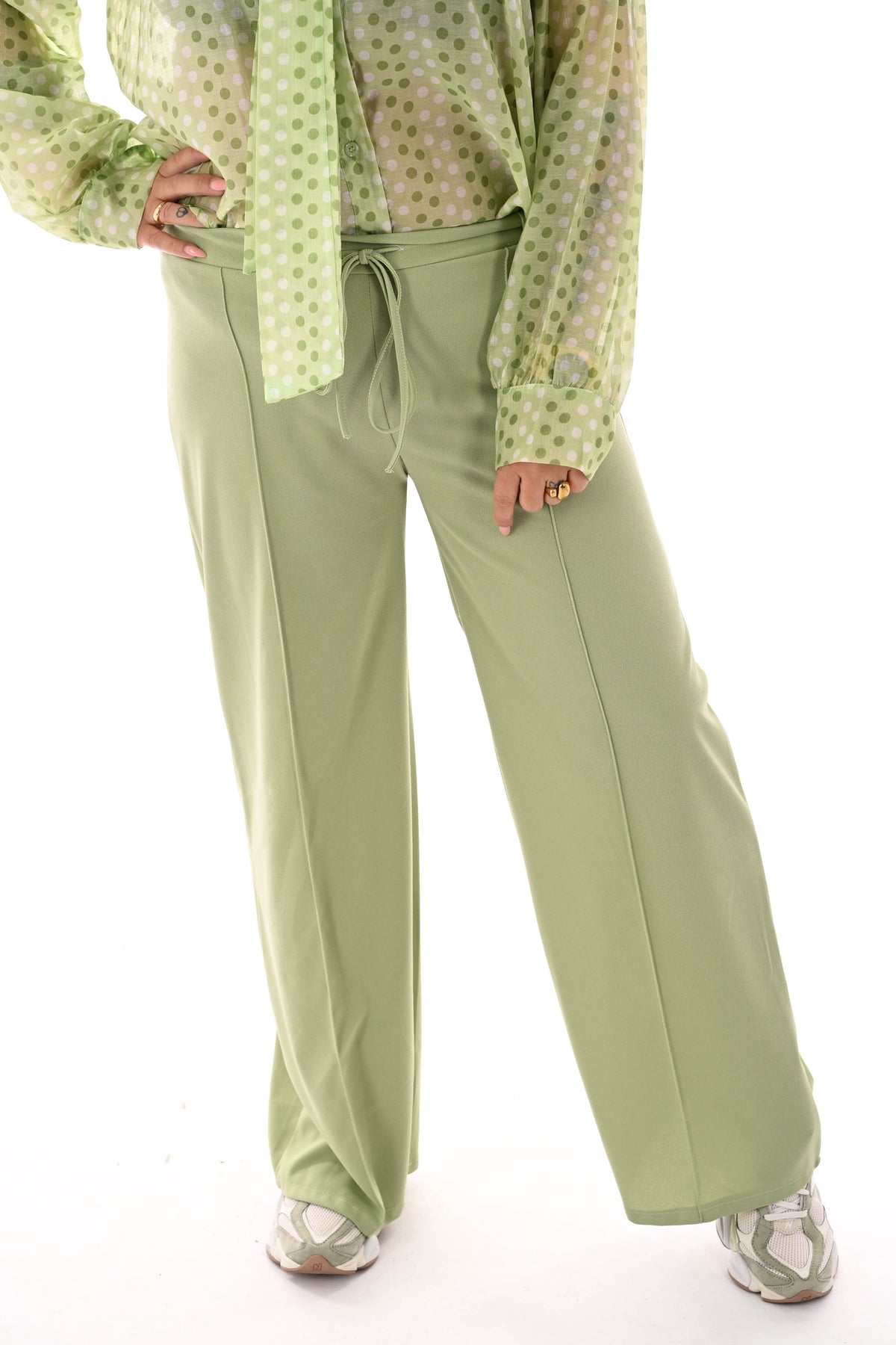Wijde broek elastieken band met naad uni pistache